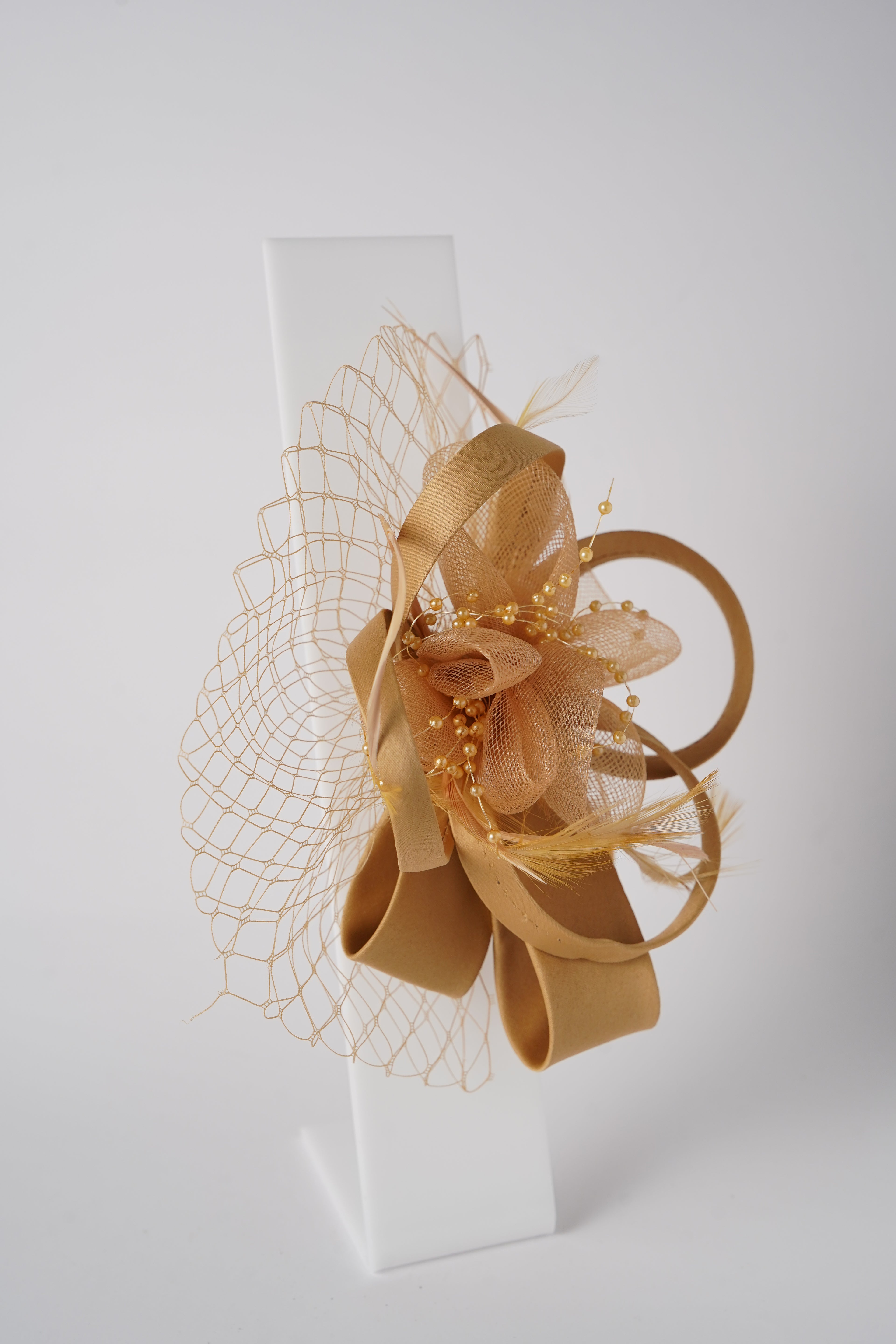Mesh Fascinator with Satin Loops, Beads & Feathers Elegant Wedding & Party Headpiece