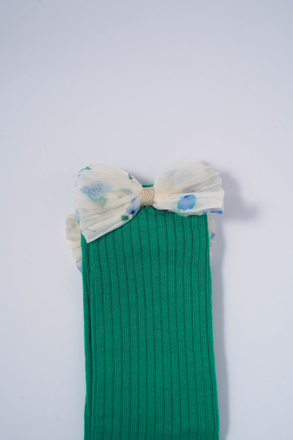 Green Ribbed Socks with Floral Tulle Bow