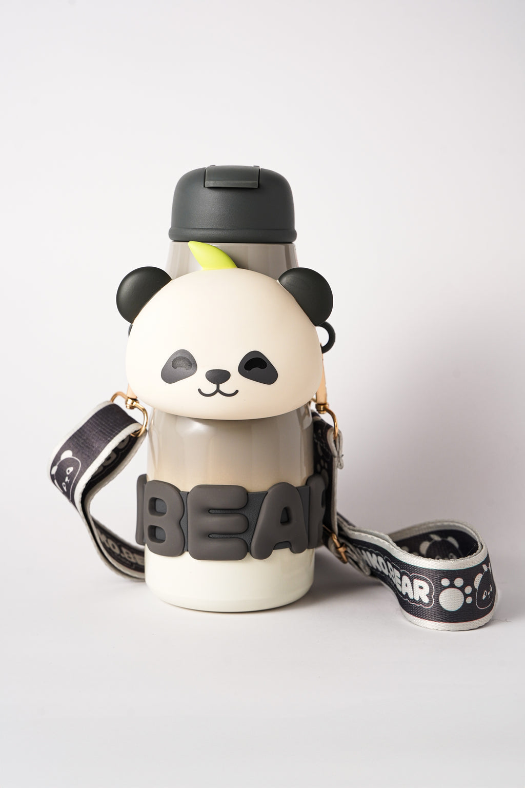 Brown Panda Bear Water Bottle with Strap