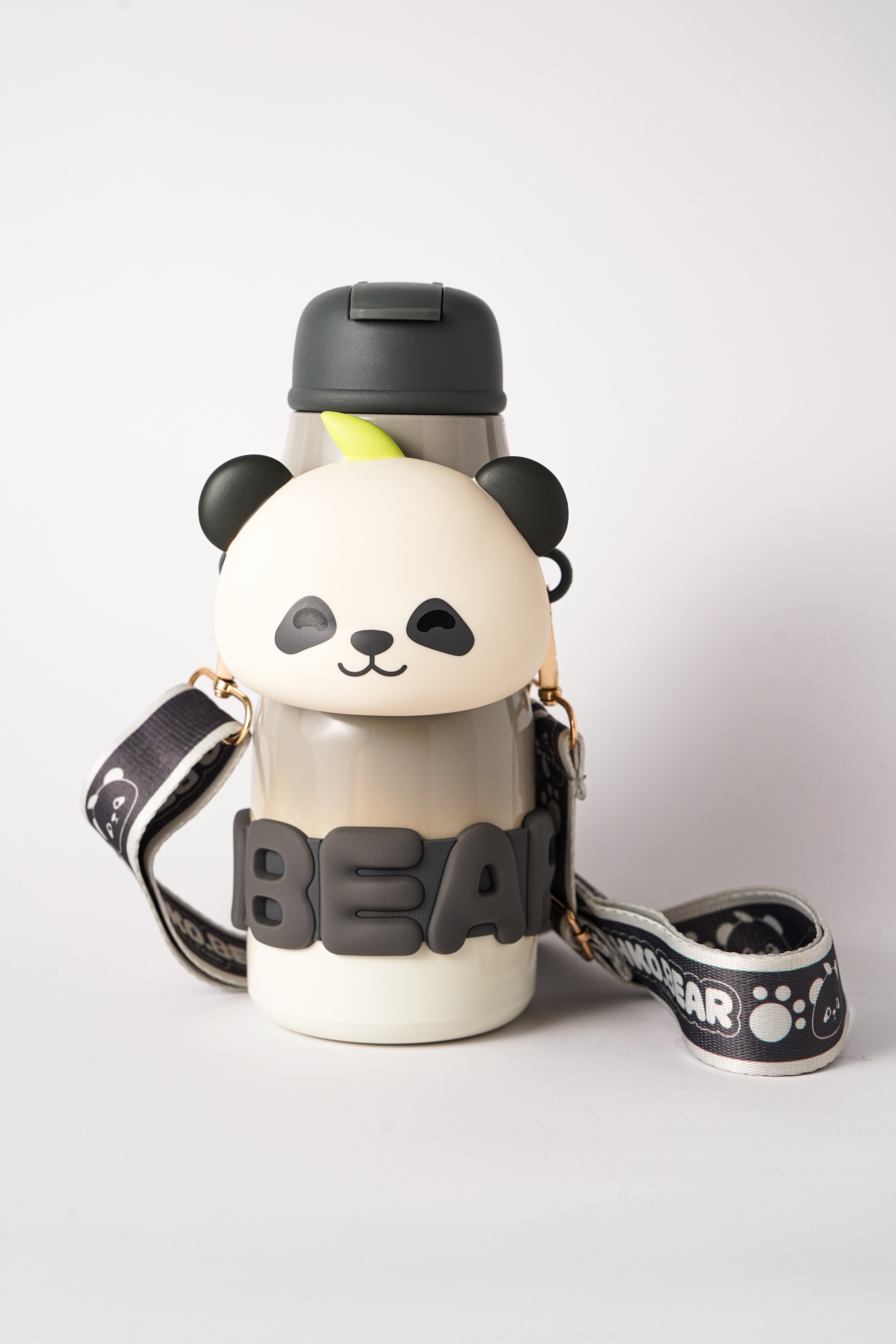 Brown Panda Bear Water Bottle with Strap