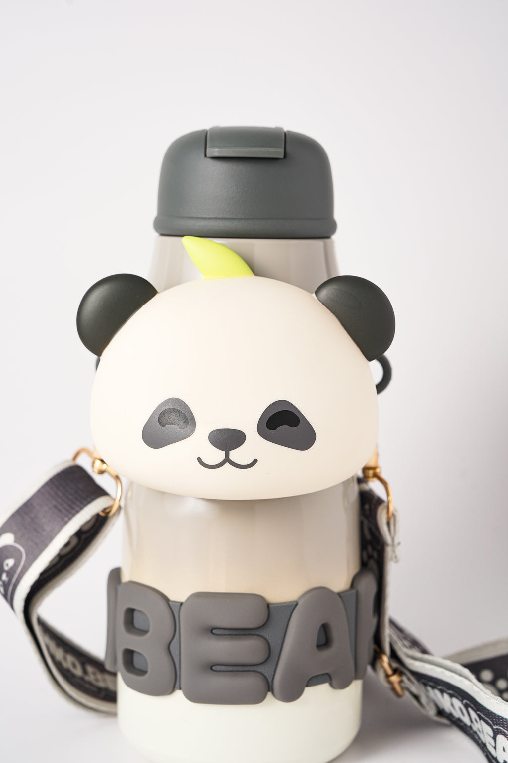 Brown Panda Bear Water Bottle with Strap