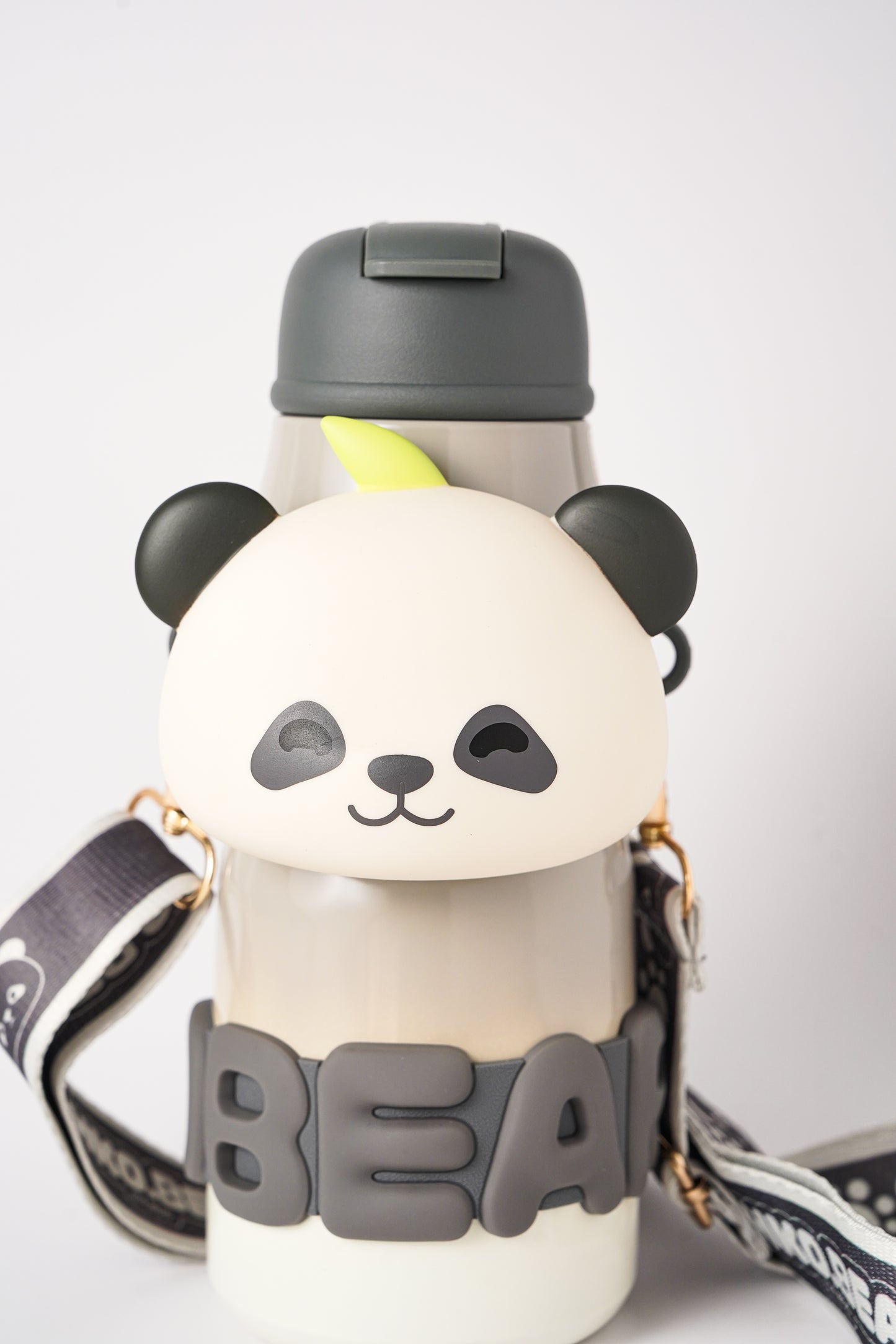 Brown Panda Bear Water Bottle with Strap