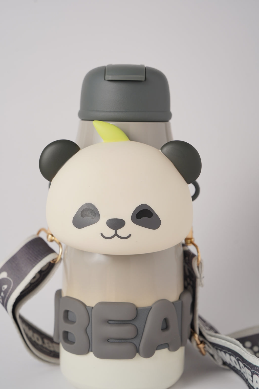 Brown Panda Bear Water Bottle with Strap