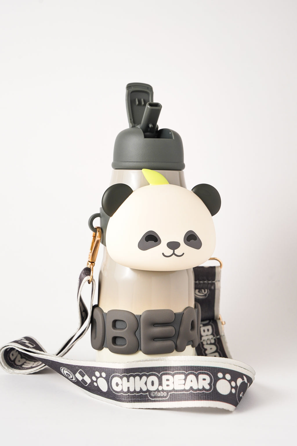 Brown Panda Bear Water Bottle with Strap