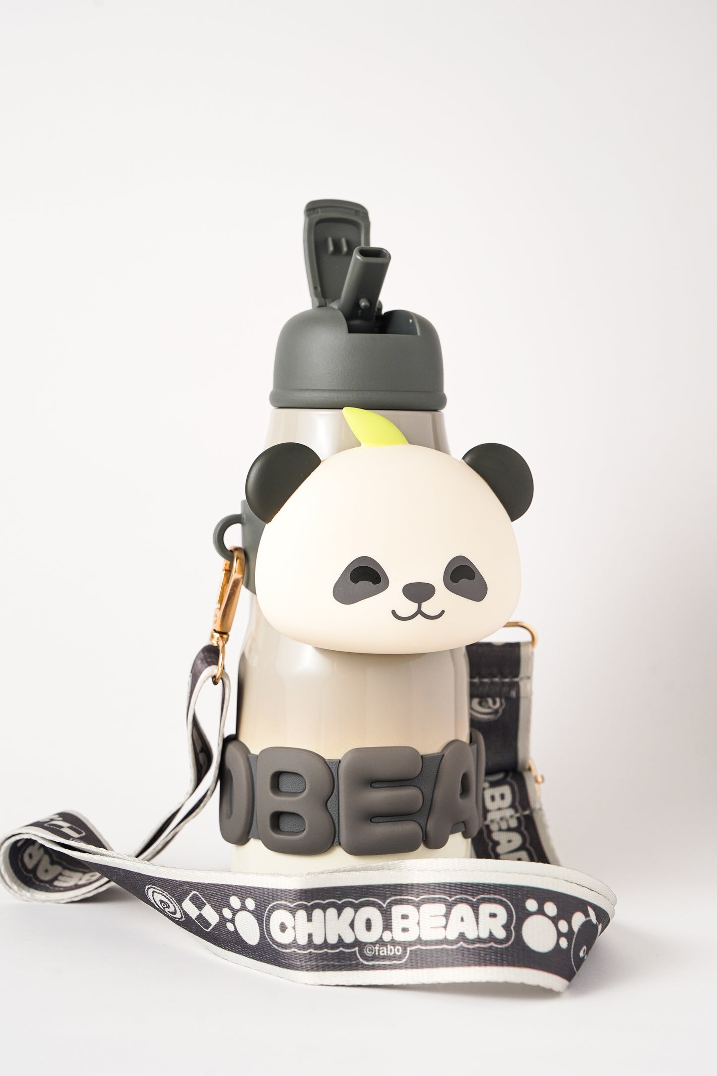 Brown Panda Bear Water Bottle with Strap