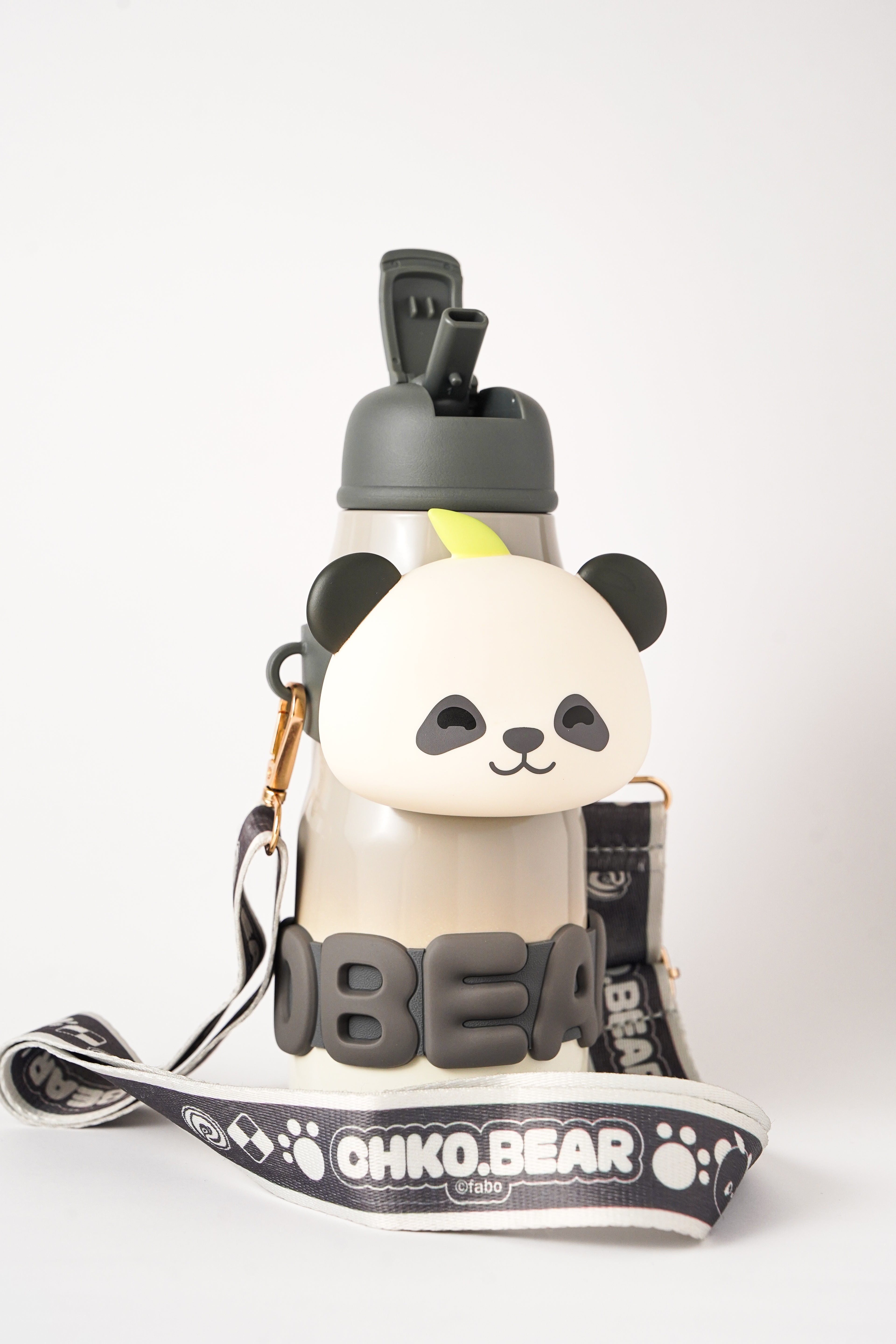 Brown Panda Bear Water Bottle with Strap