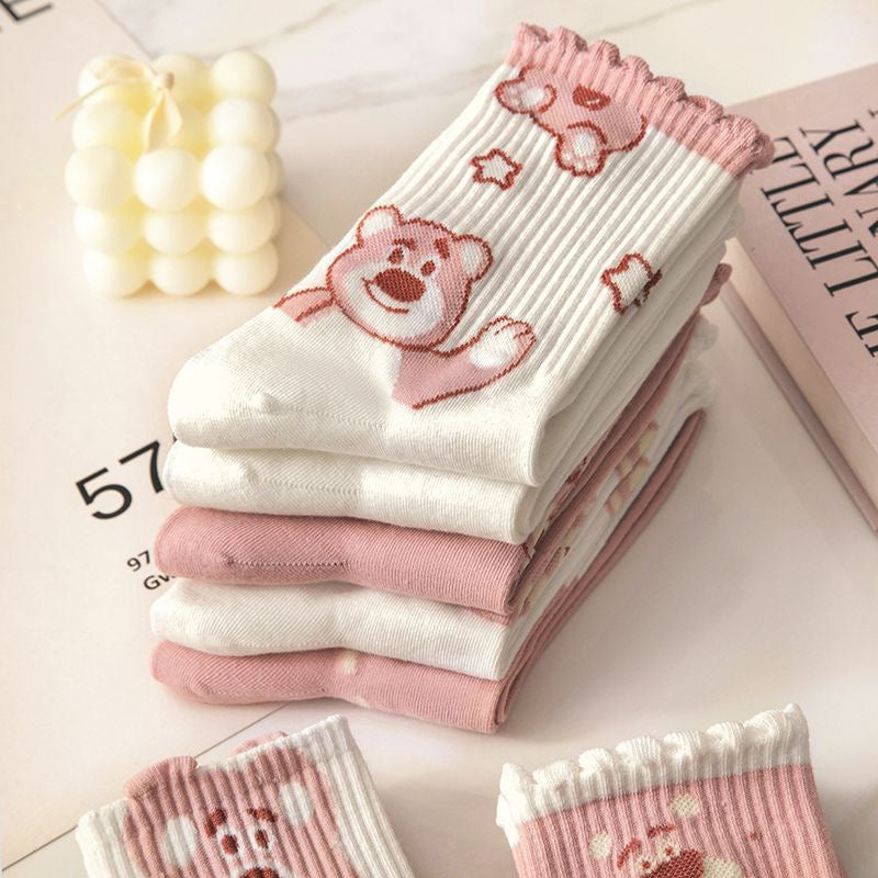 Off-White Pink Teddy Bear Lace Socks