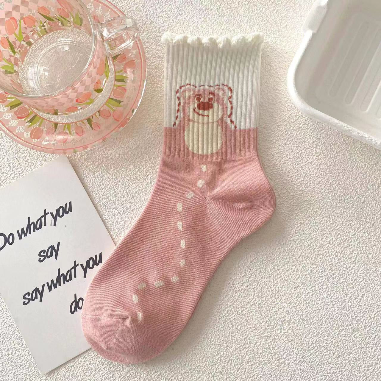 Off-White Pink Teddy Bear Lace Socks
