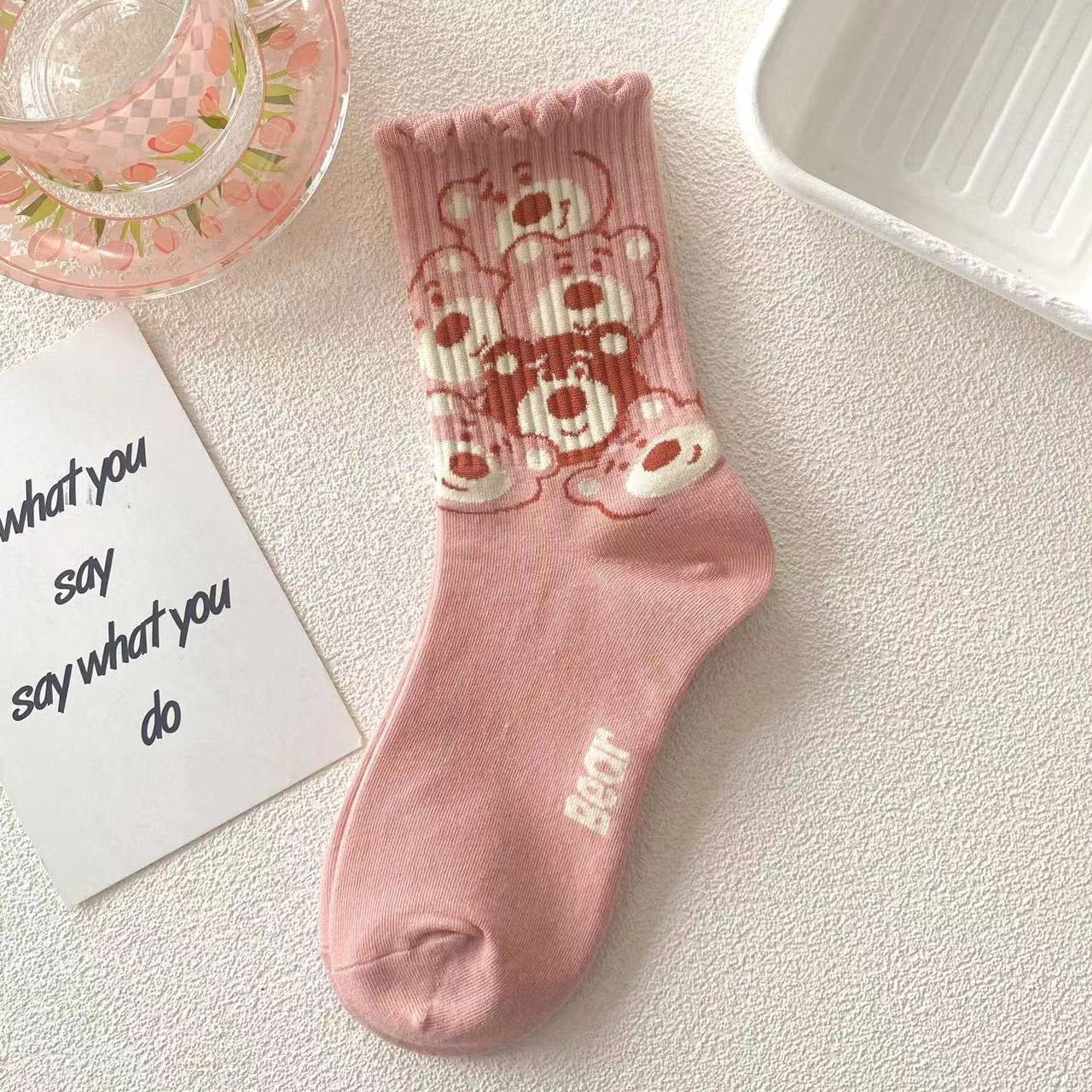 Off-White Pink Teddy Bear Lace Socks