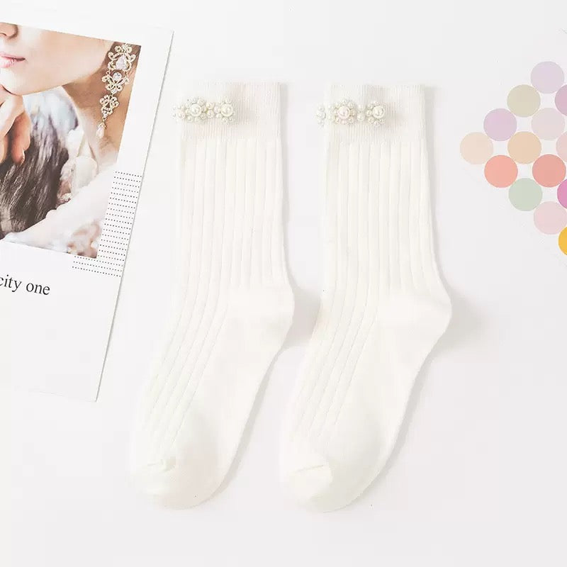 Elegant Pearl flower Ribbed Socks for Women & Girls