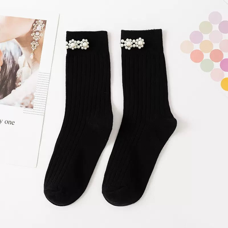 Elegant Pearl flower Ribbed Socks for Women & Girls