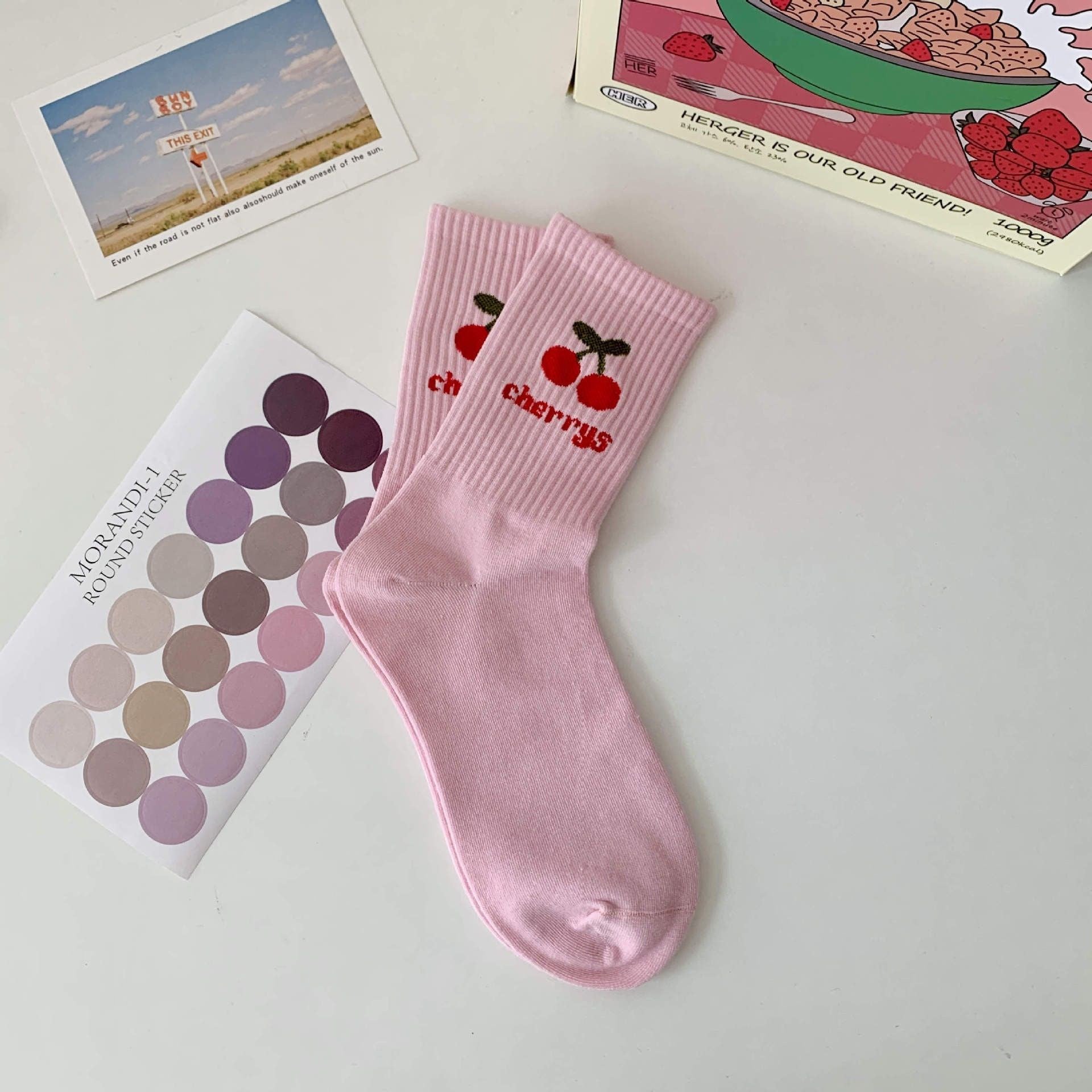 Off-White Red Floral Crew Socks