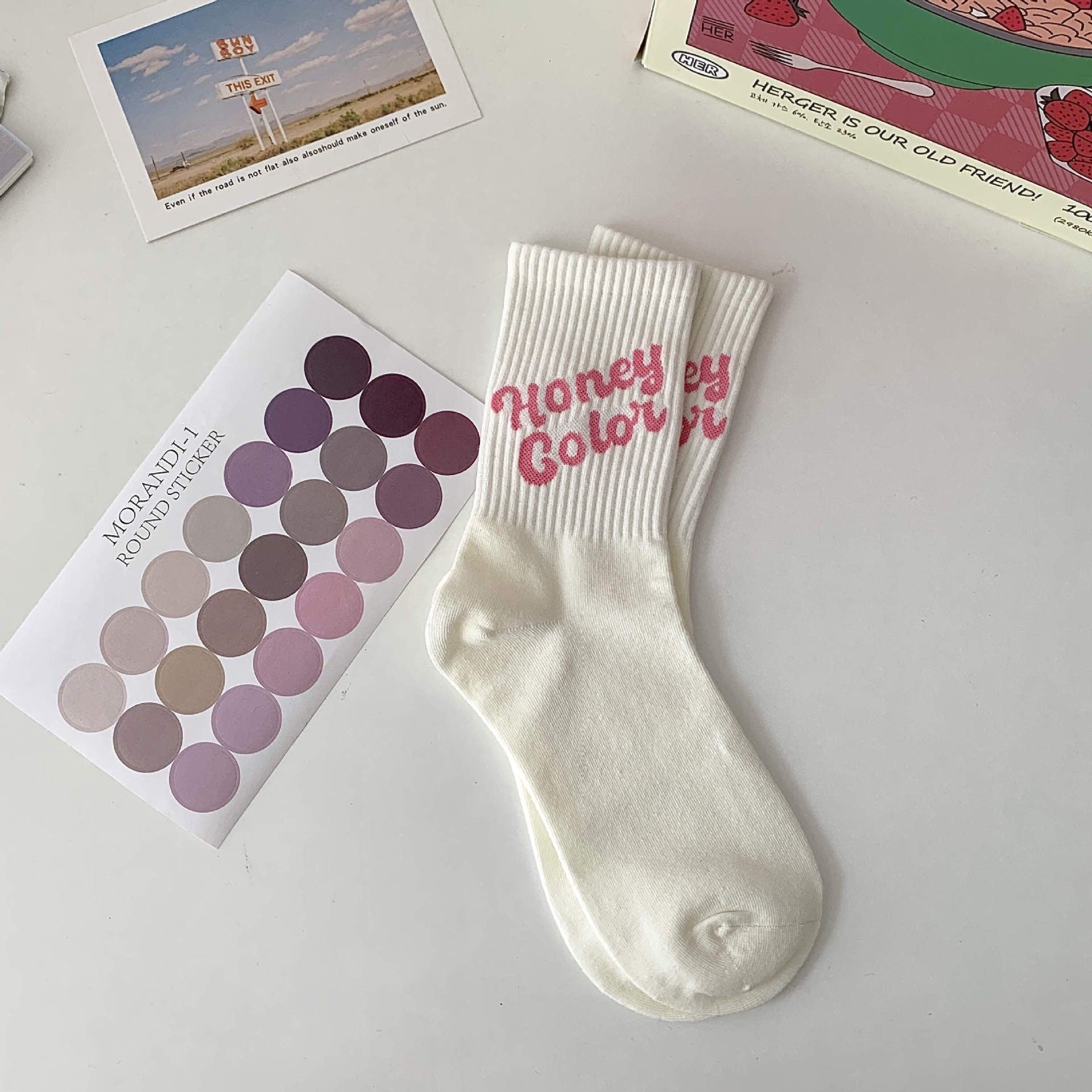 Off-White Red Floral Crew Socks
