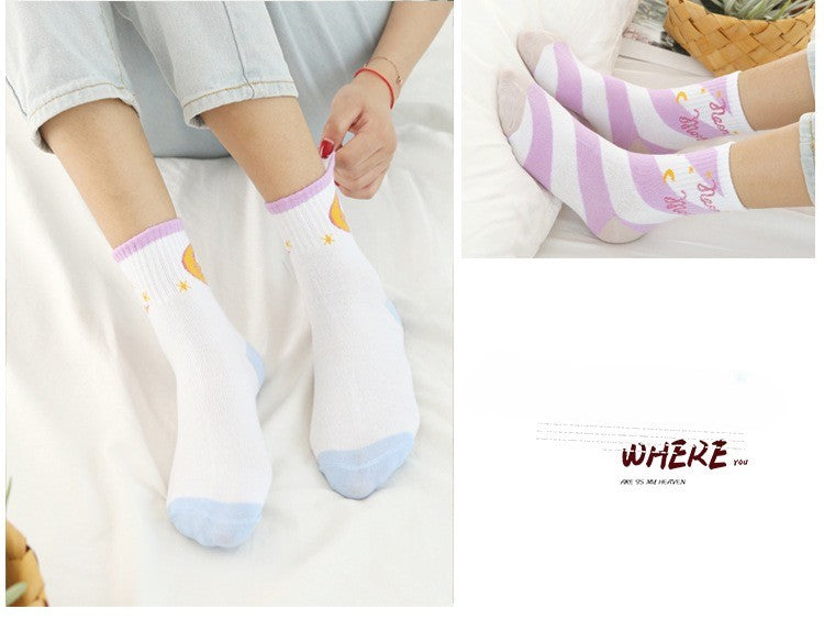 Cute Moon & Heart Crew Socks for Women & Girls