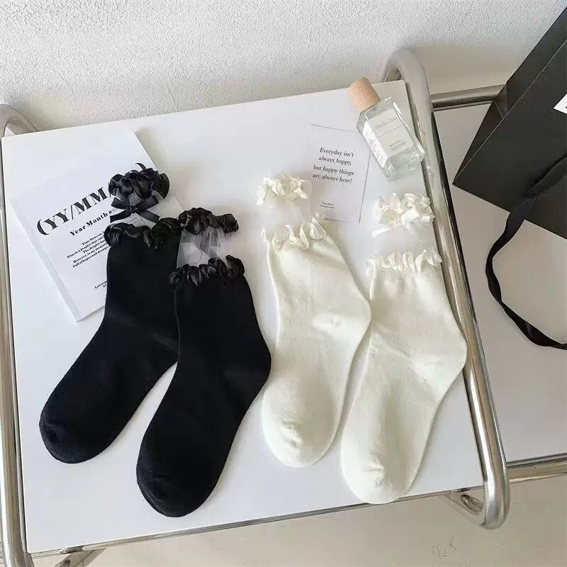 Girls White Lace Frill Bow Ankle Dress Socks