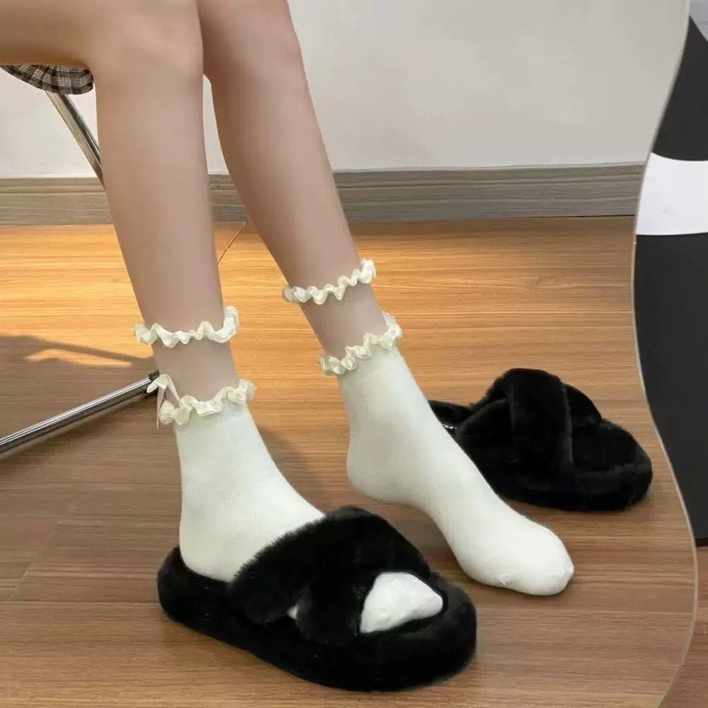 Girls White Lace Frill Bow Ankle Dress Socks