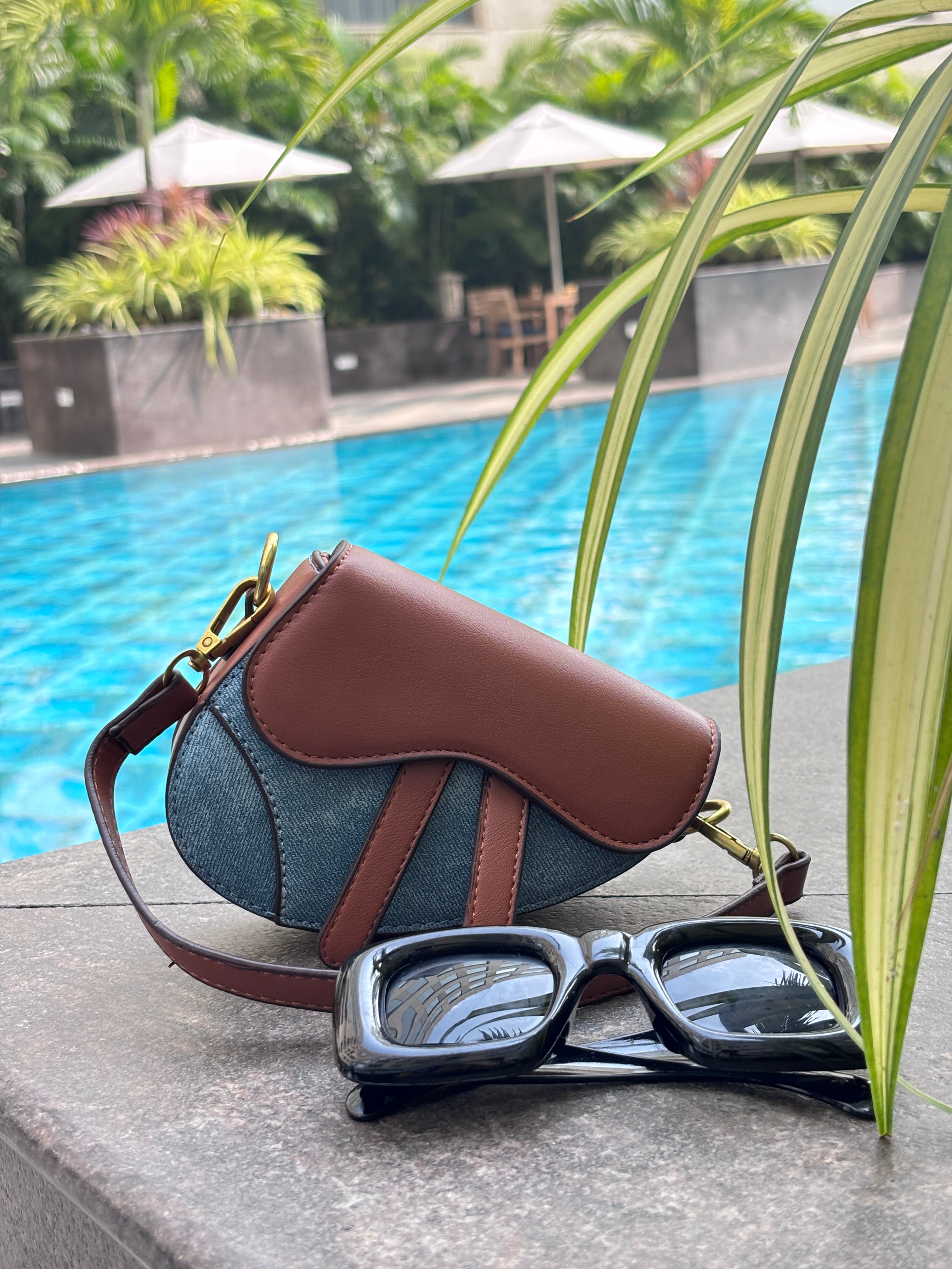 Vintage Denim & Tan Saddle Crossbody Bag