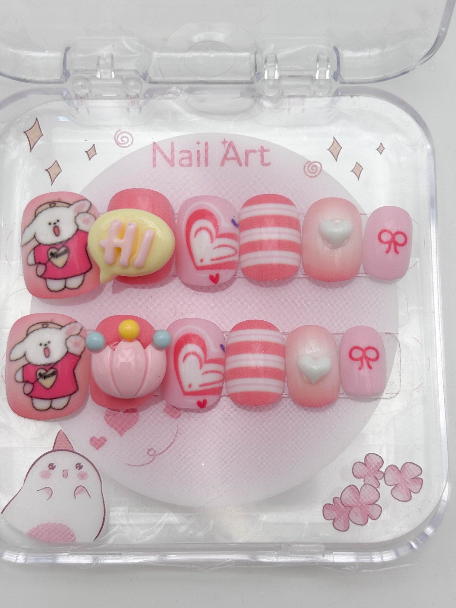 Cute Pink Press On Nails Set – Kawaii Cartoon Aesthetic Nails