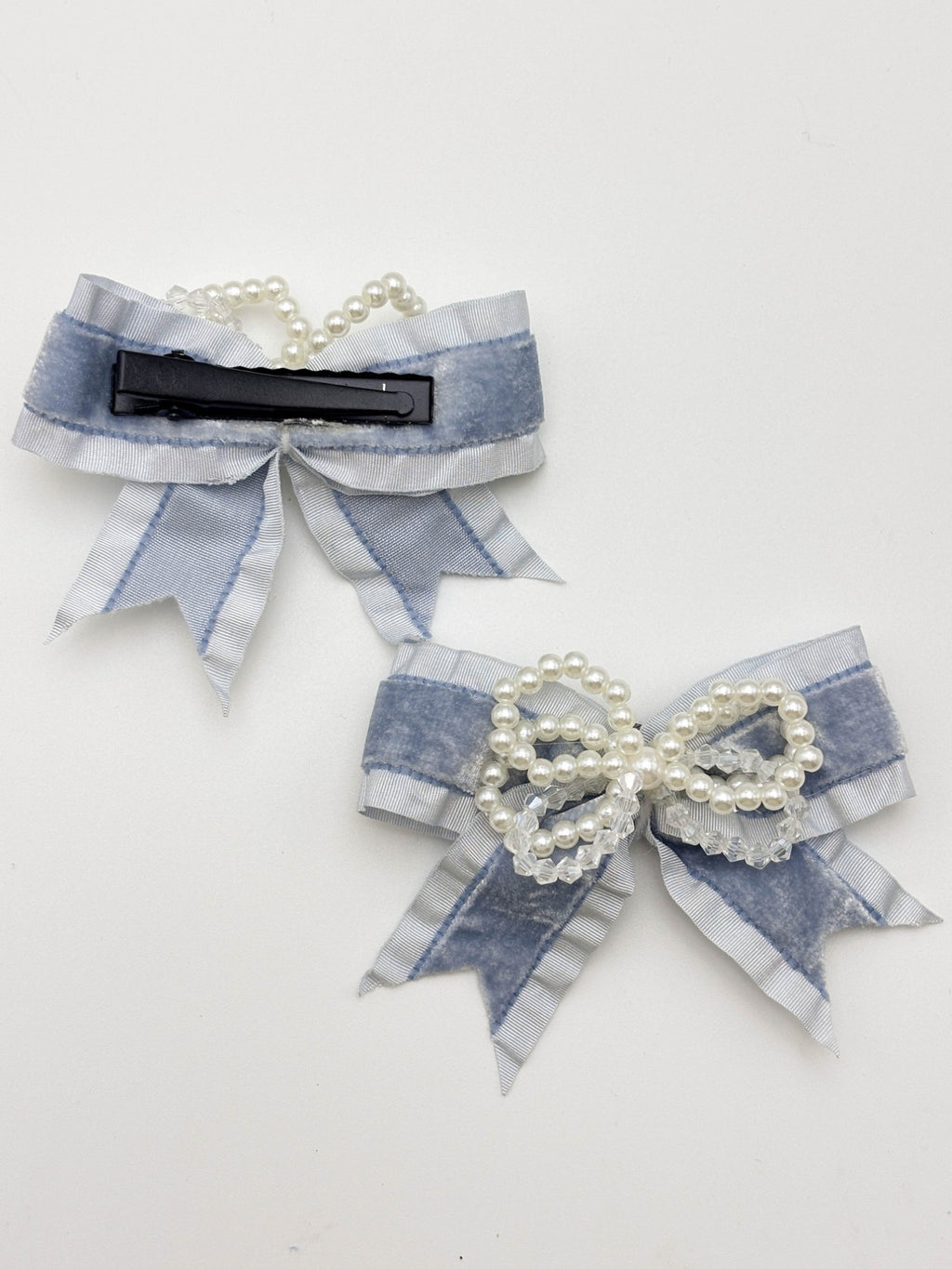 Denim Blue Pearl Bow Hair Clip Set