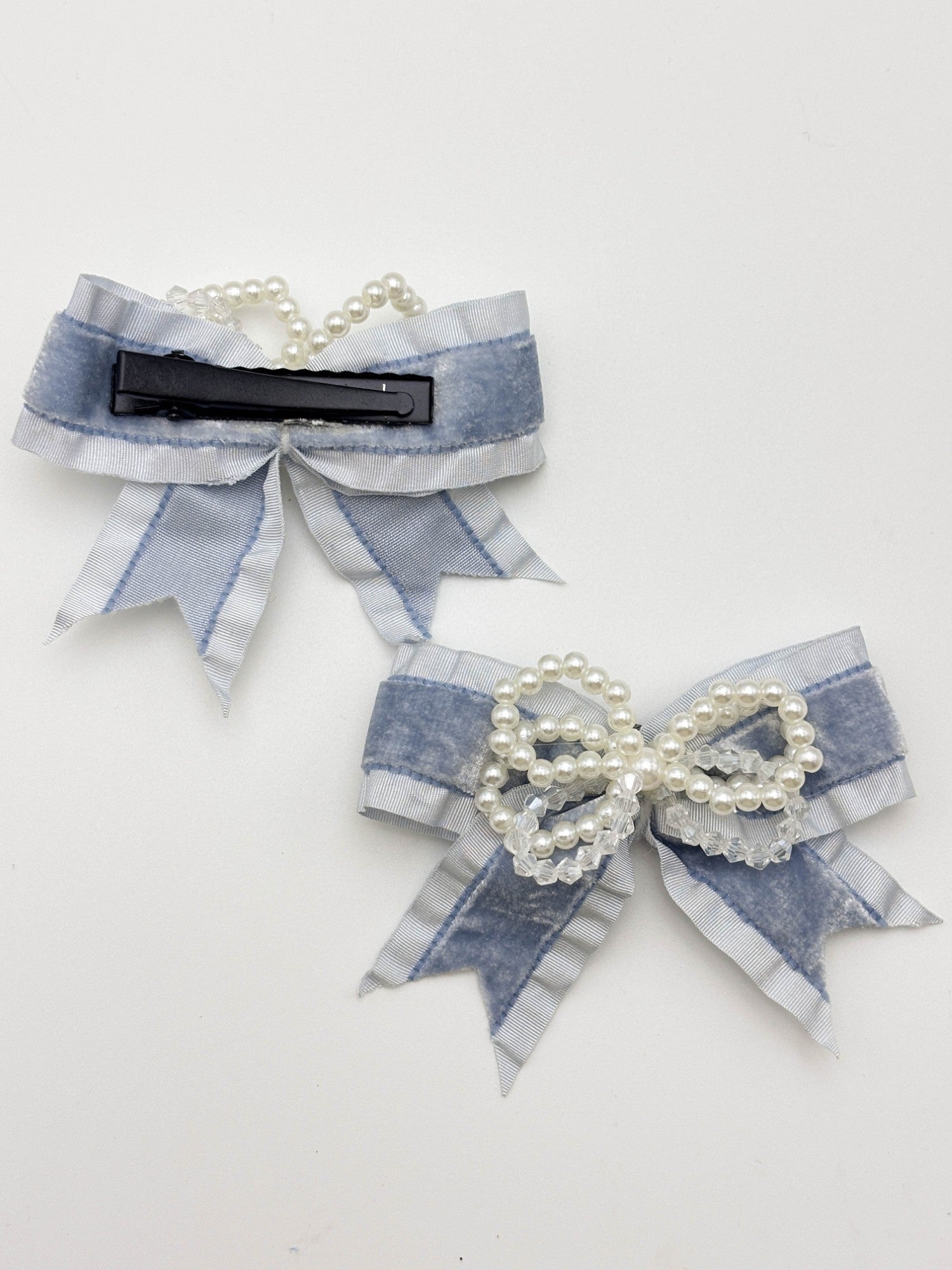 Denim Blue Pearl Bow Hair Clip Set