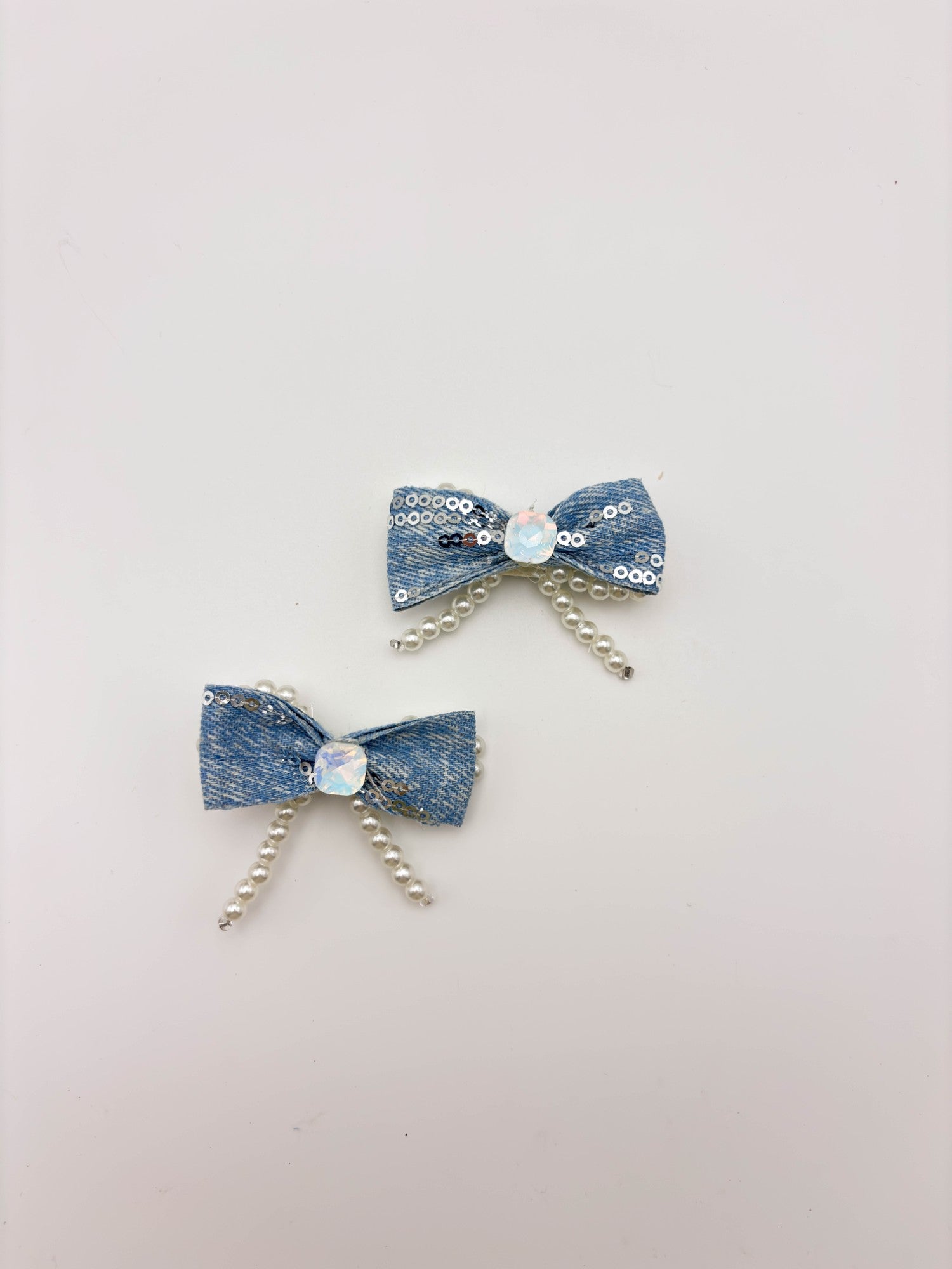 Sparkle & Denim Bow Hair Clips - Pearlcore Babe Vibes