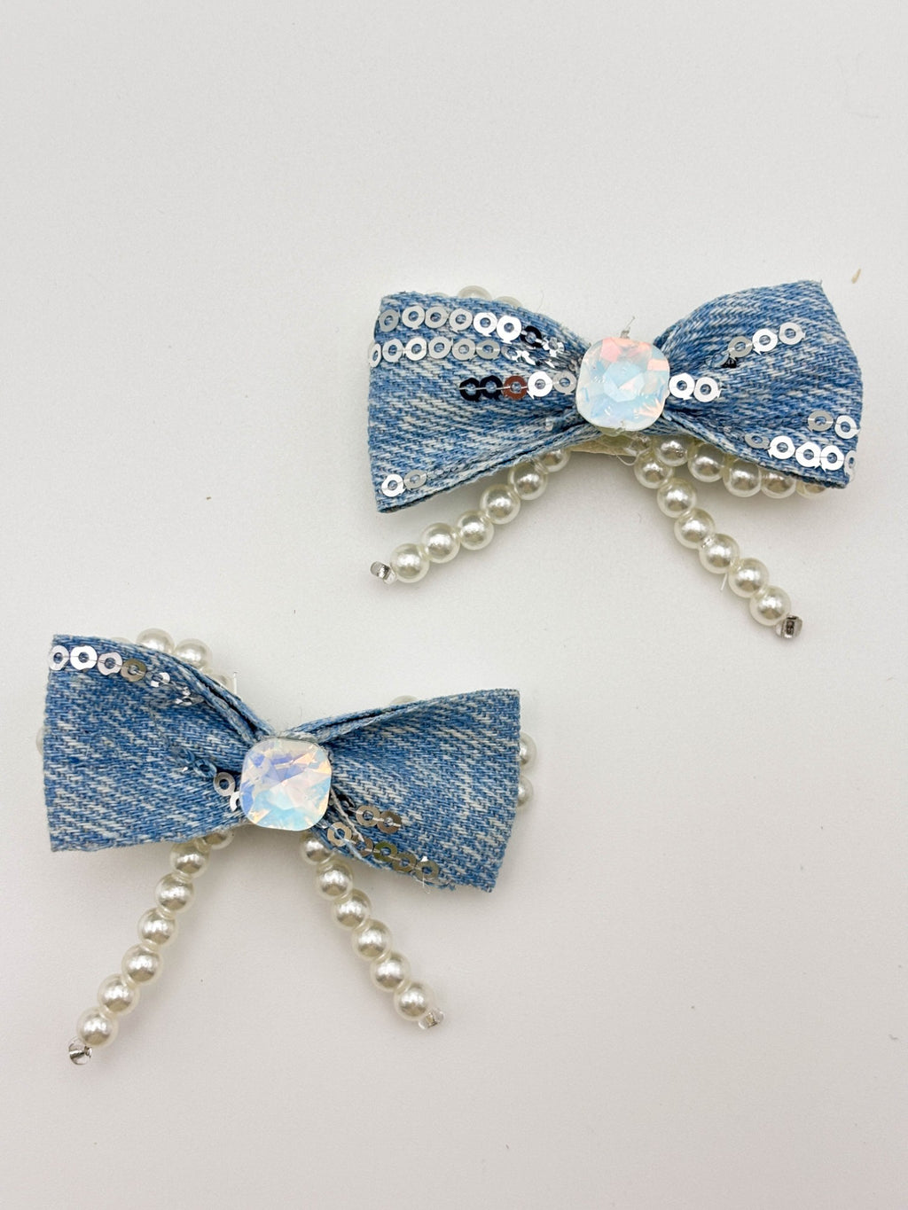 Sparkle & Denim Bow Hair Clips - Pearlcore Babe Vibes