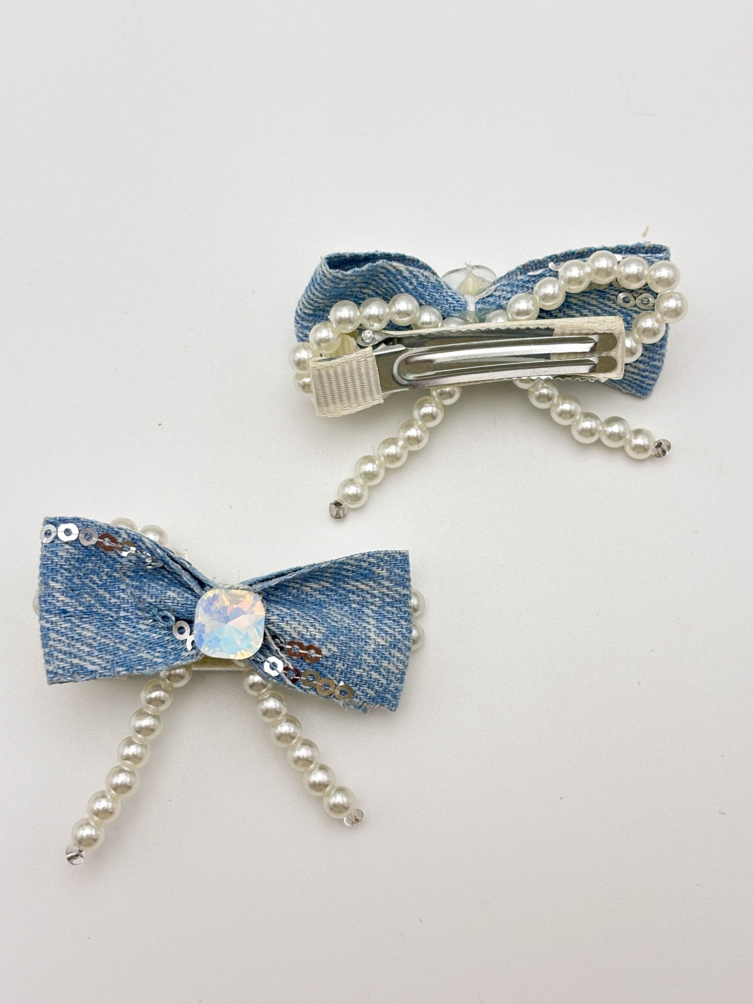 Sparkle & Denim Bow Hair Clips - Pearlcore Babe Vibes