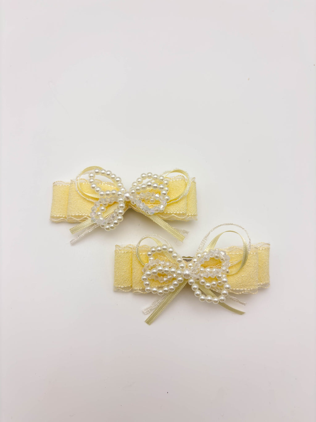 Butter Yellow Pearl Bow Hair Clips