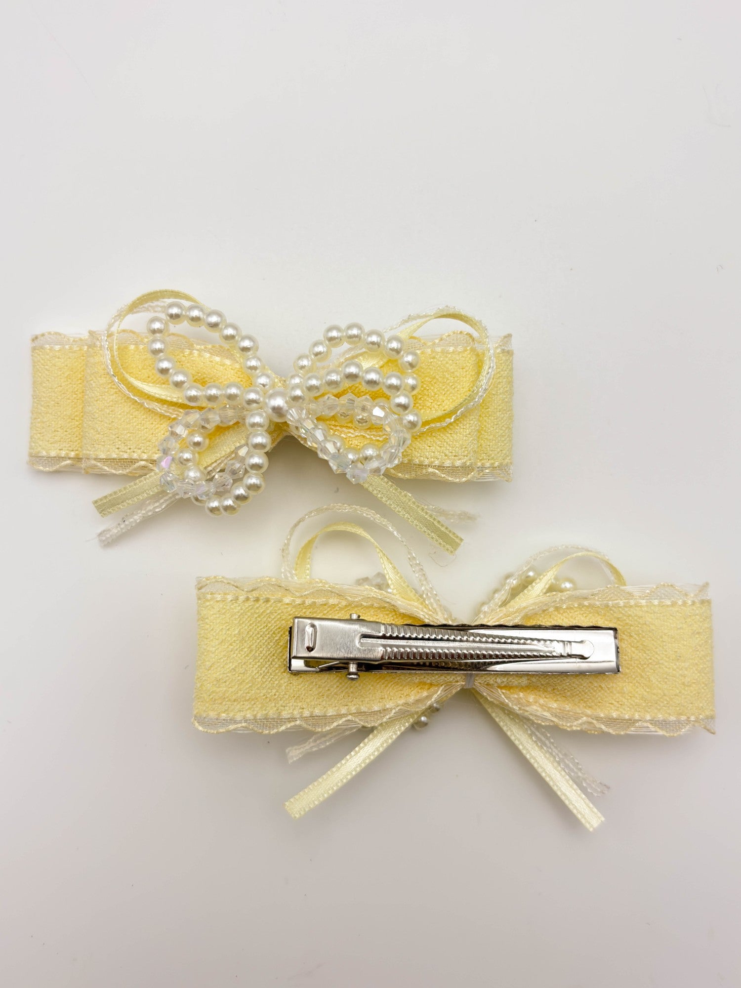 Butter Yellow Pearl Bow Hair Clips