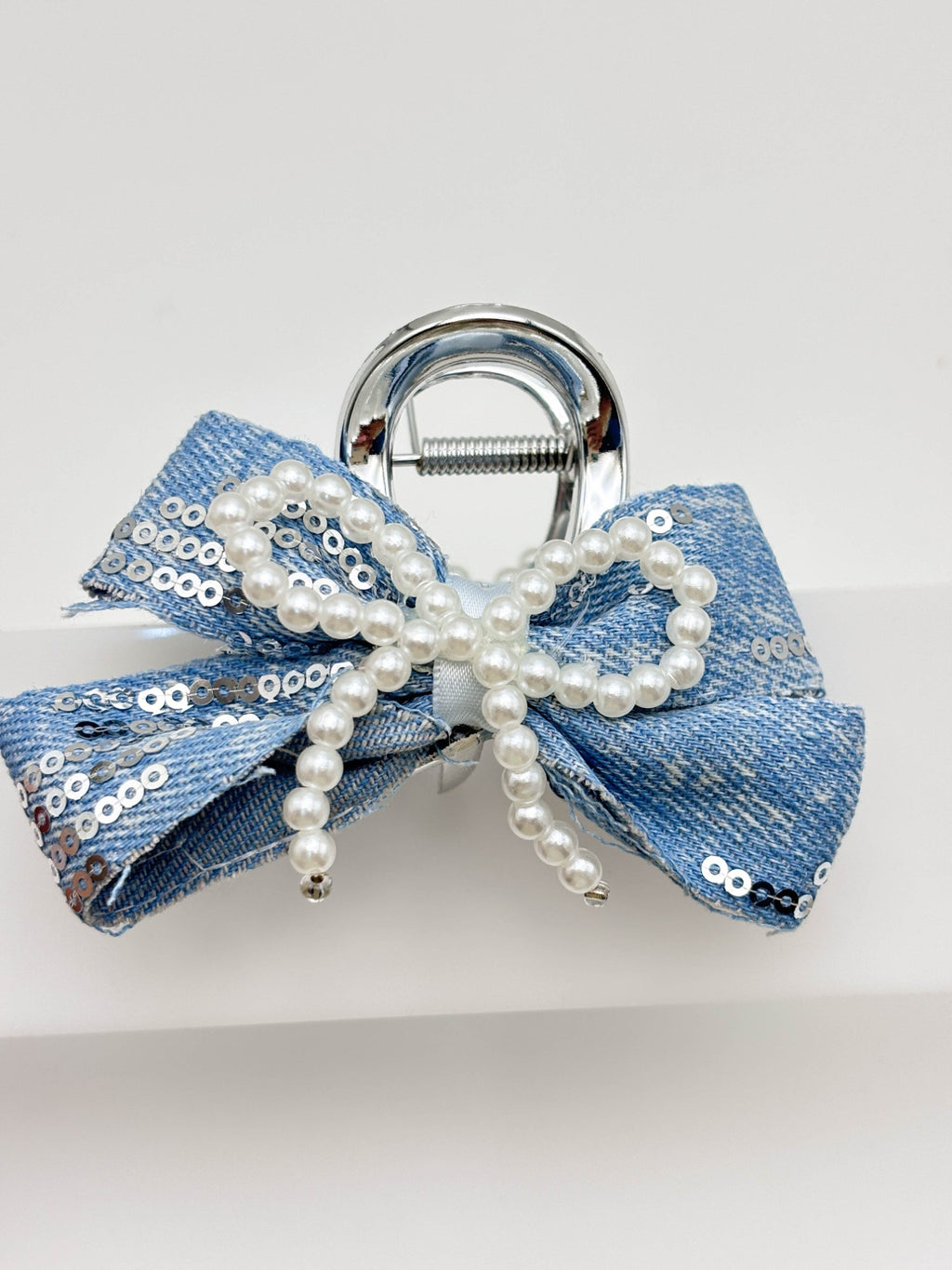 Blue Sequin Pearl Bow Hair Claw Clip