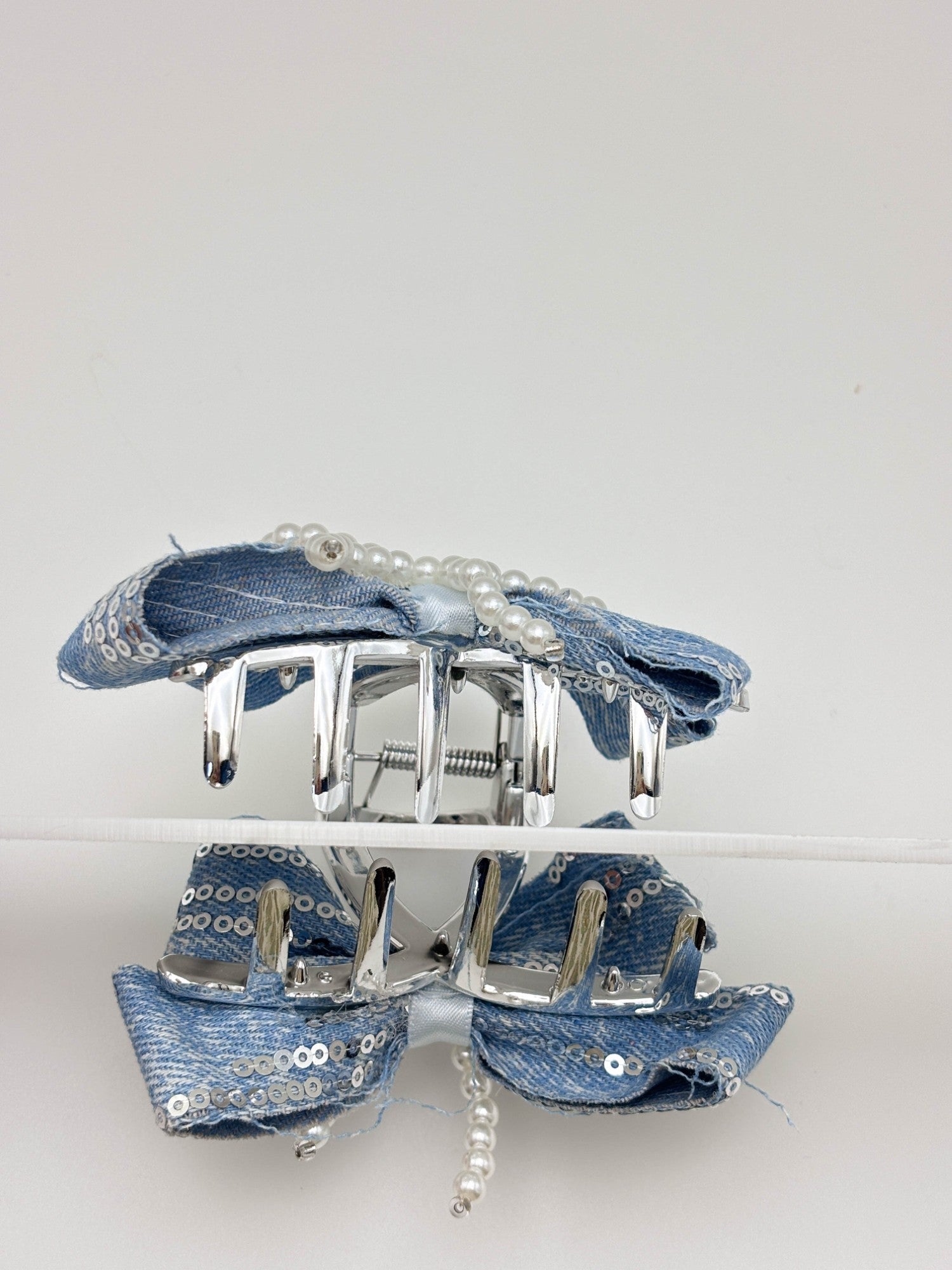 Blue Sequin Pearl Bow Hair Claw Clip