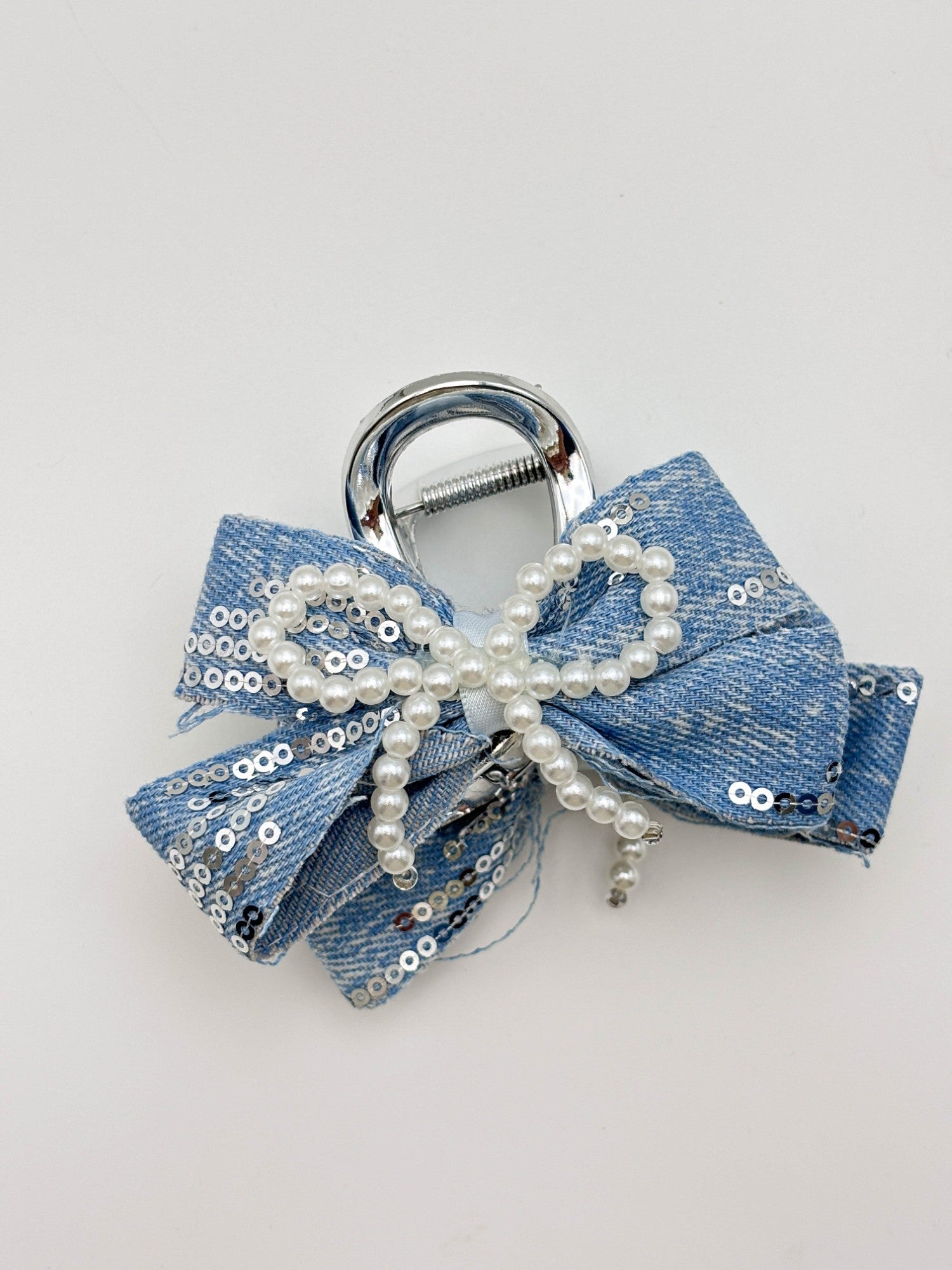 Blue Sequin Pearl Bow Hair Claw Clip