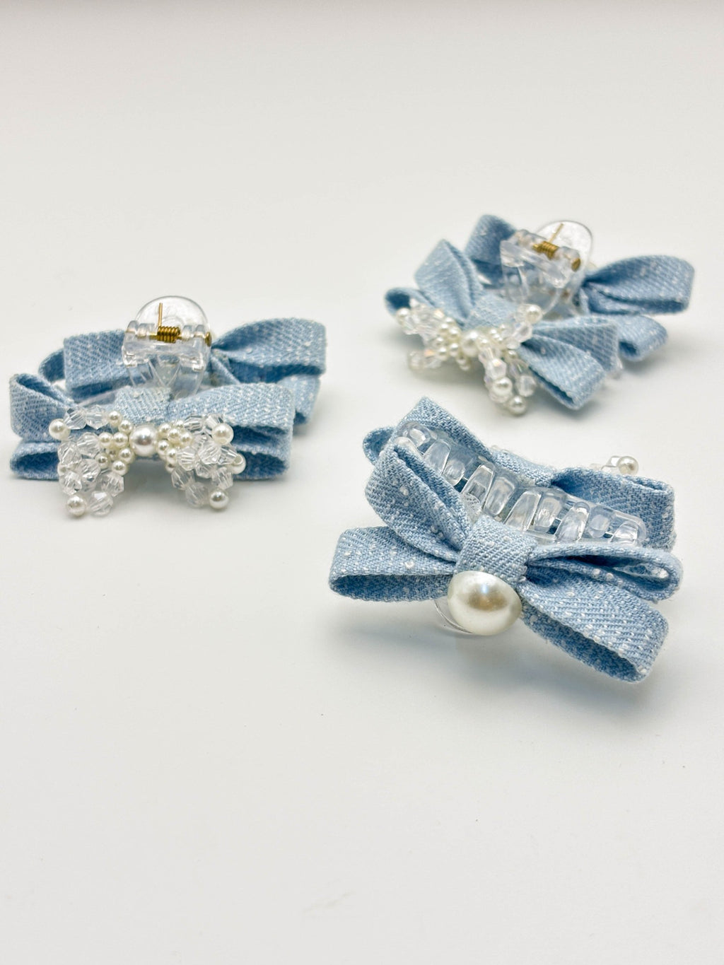 Blue Pearl Bow Hair Clips Set