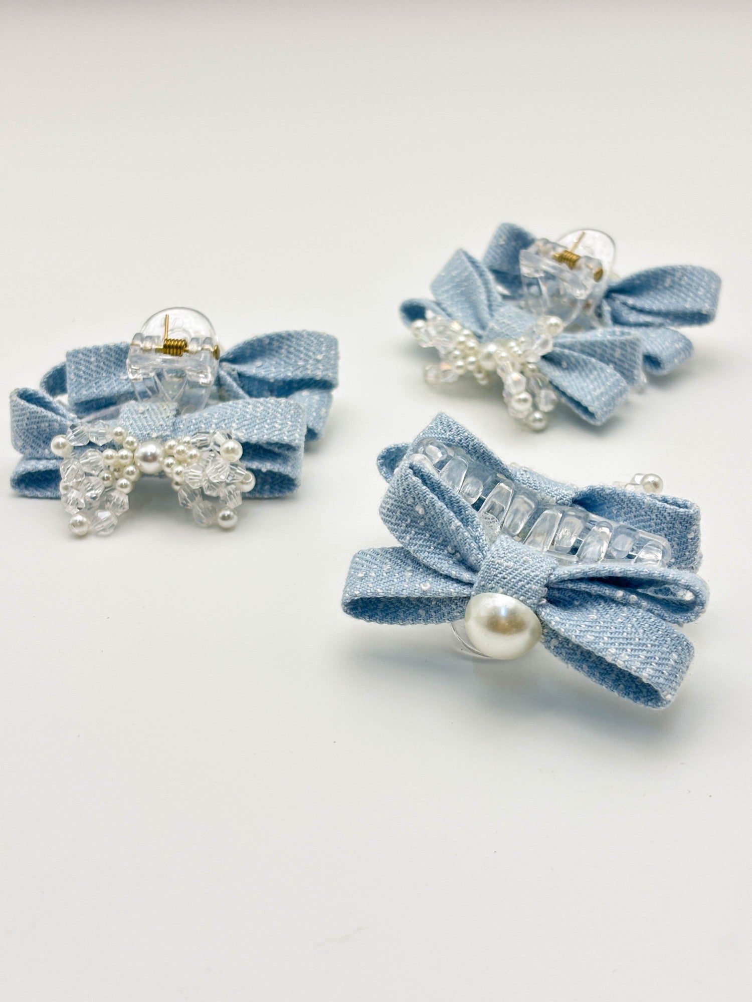 Blue Pearl Bow Hair Clips Set