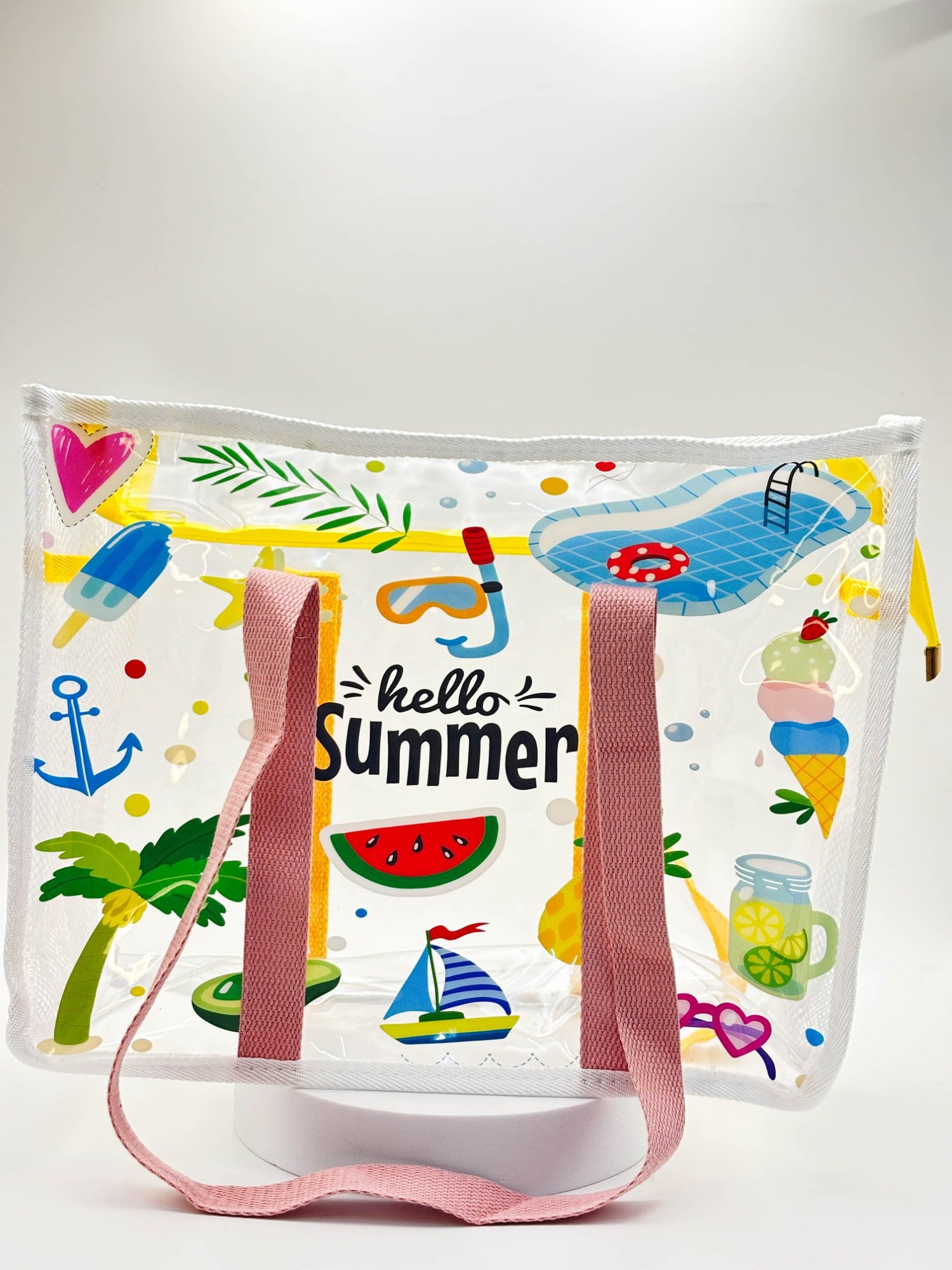Hello Summer Transparent Tote – Clear Heart Aesthetic Beach & Travel Bag
