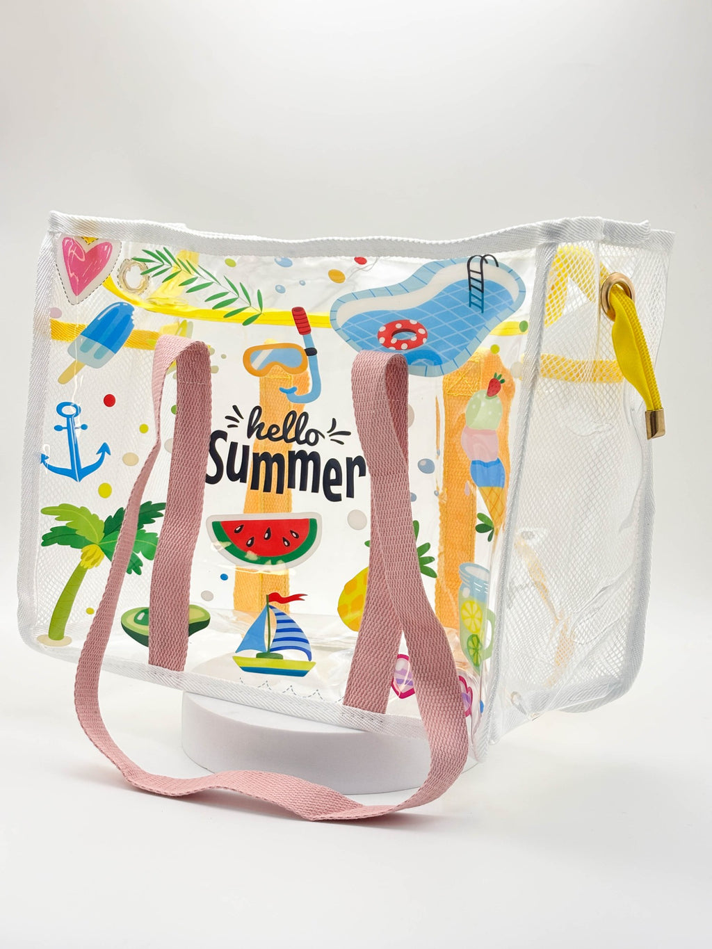 Hello Summer Transparent Tote – Clear Heart Aesthetic Beach & Travel Bag