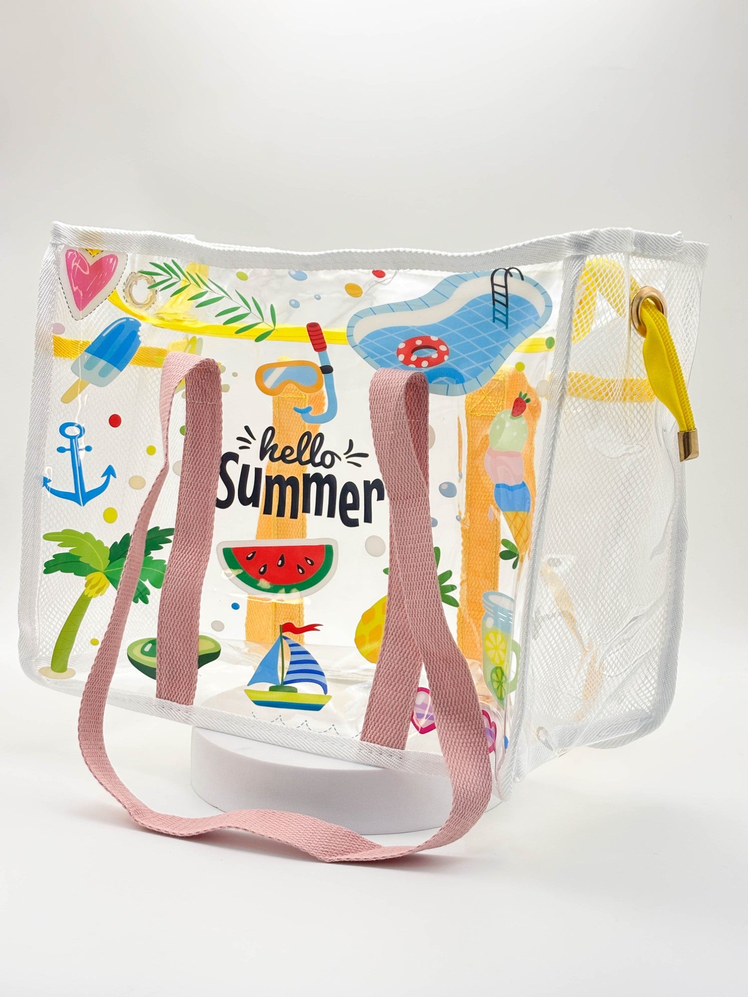 Hello Summer Transparent Tote – Clear Heart Aesthetic Beach & Travel Bag