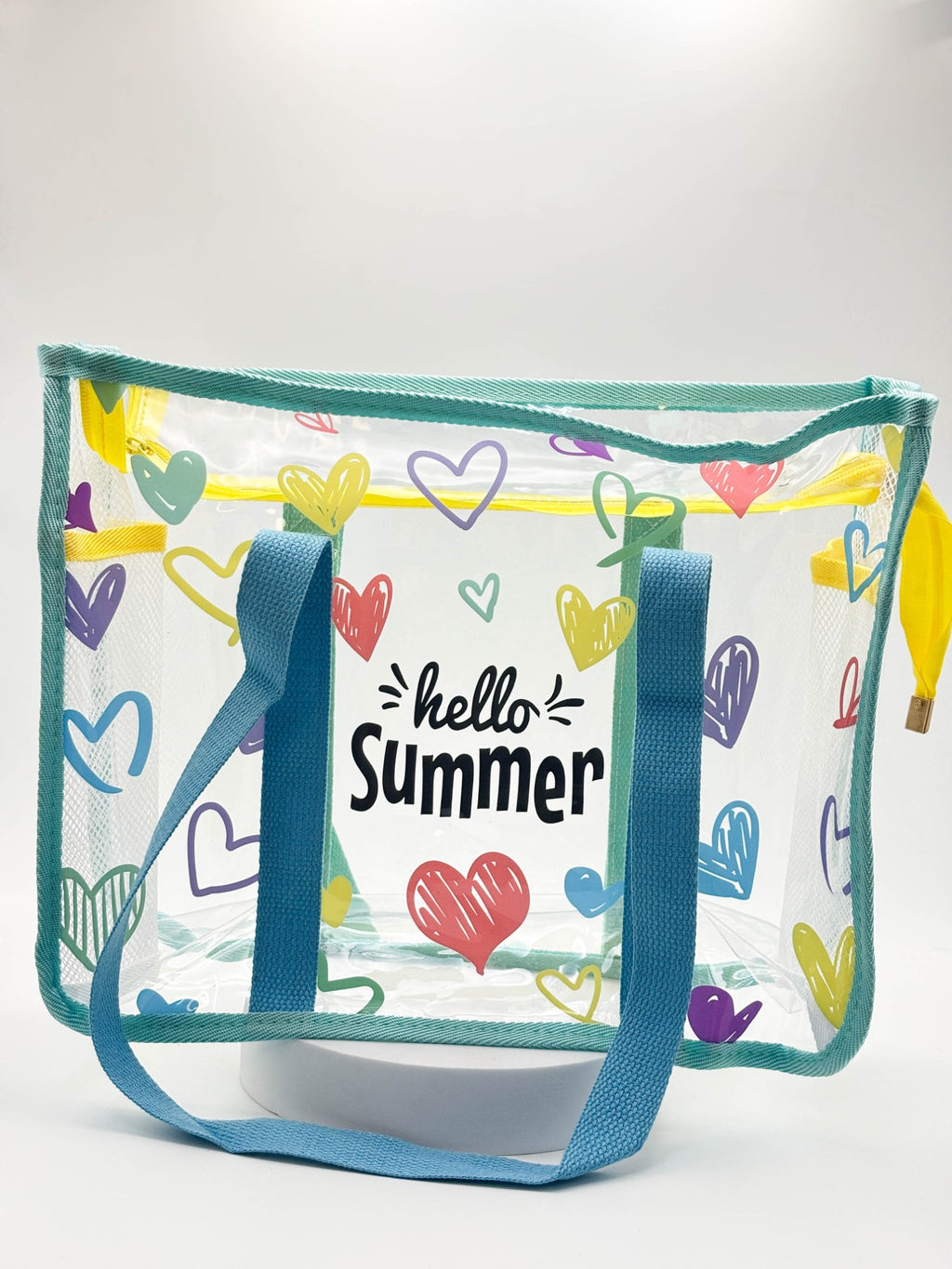 Hello Summer Transparent Tote – Clear Heart Aesthetic Beach & Travel Bag