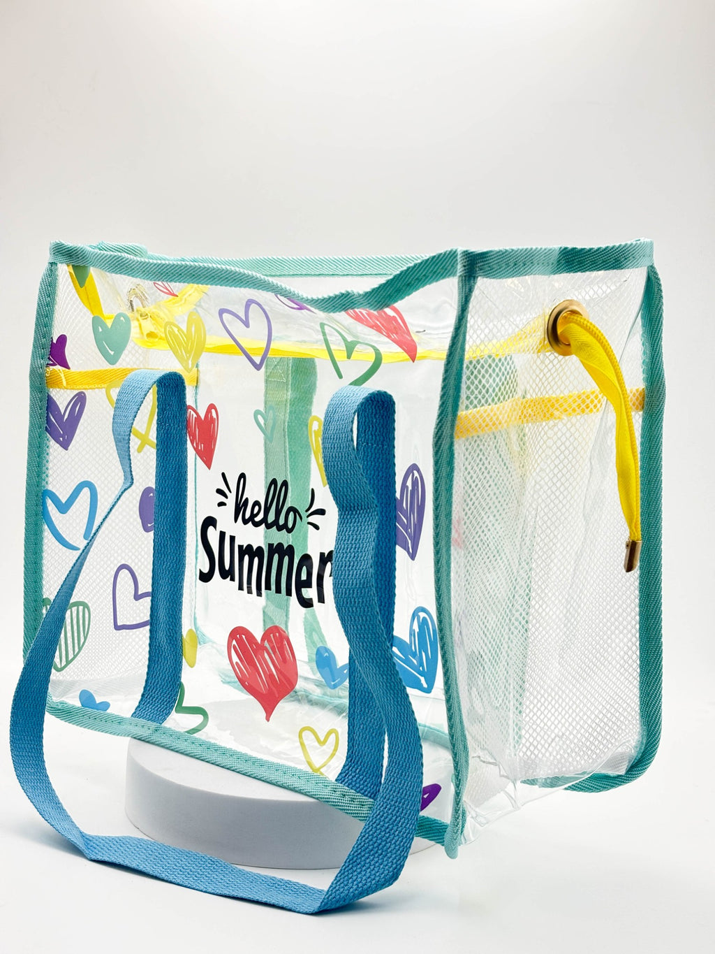 Hello Summer Transparent Tote – Clear Heart Aesthetic Beach & Travel Bag