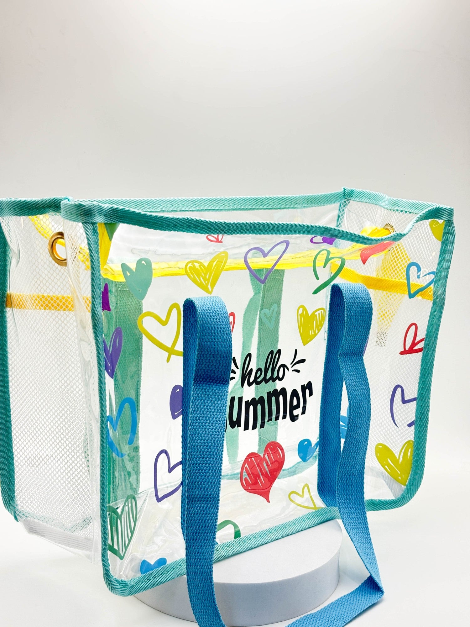 Hello Summer Transparent Tote – Clear Heart Aesthetic Beach & Travel Bag