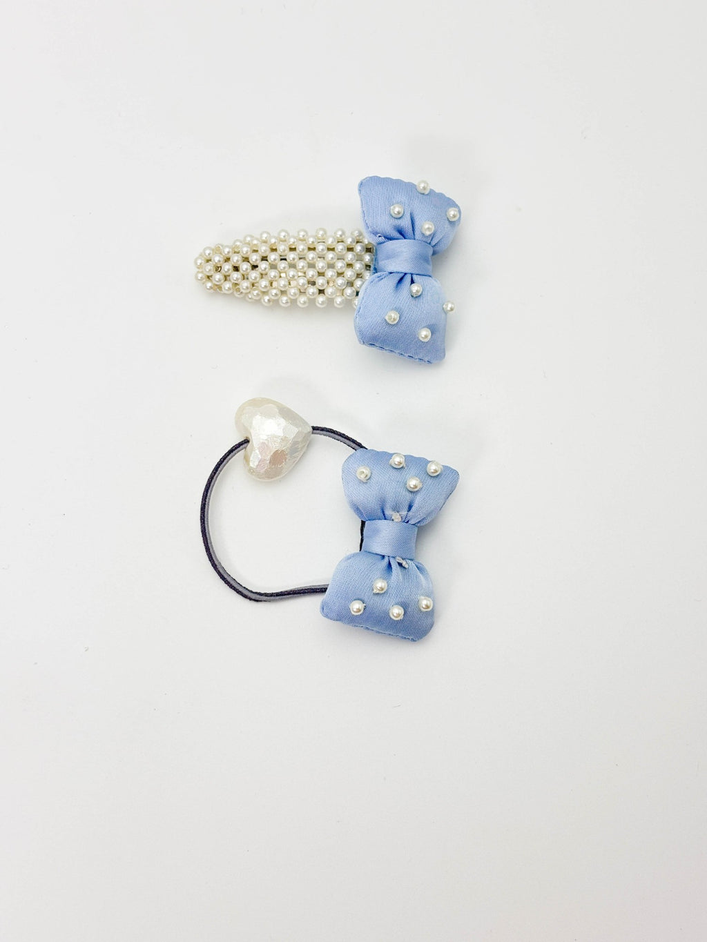 Blue Pearl Bow Hair Clip & Elastic Set