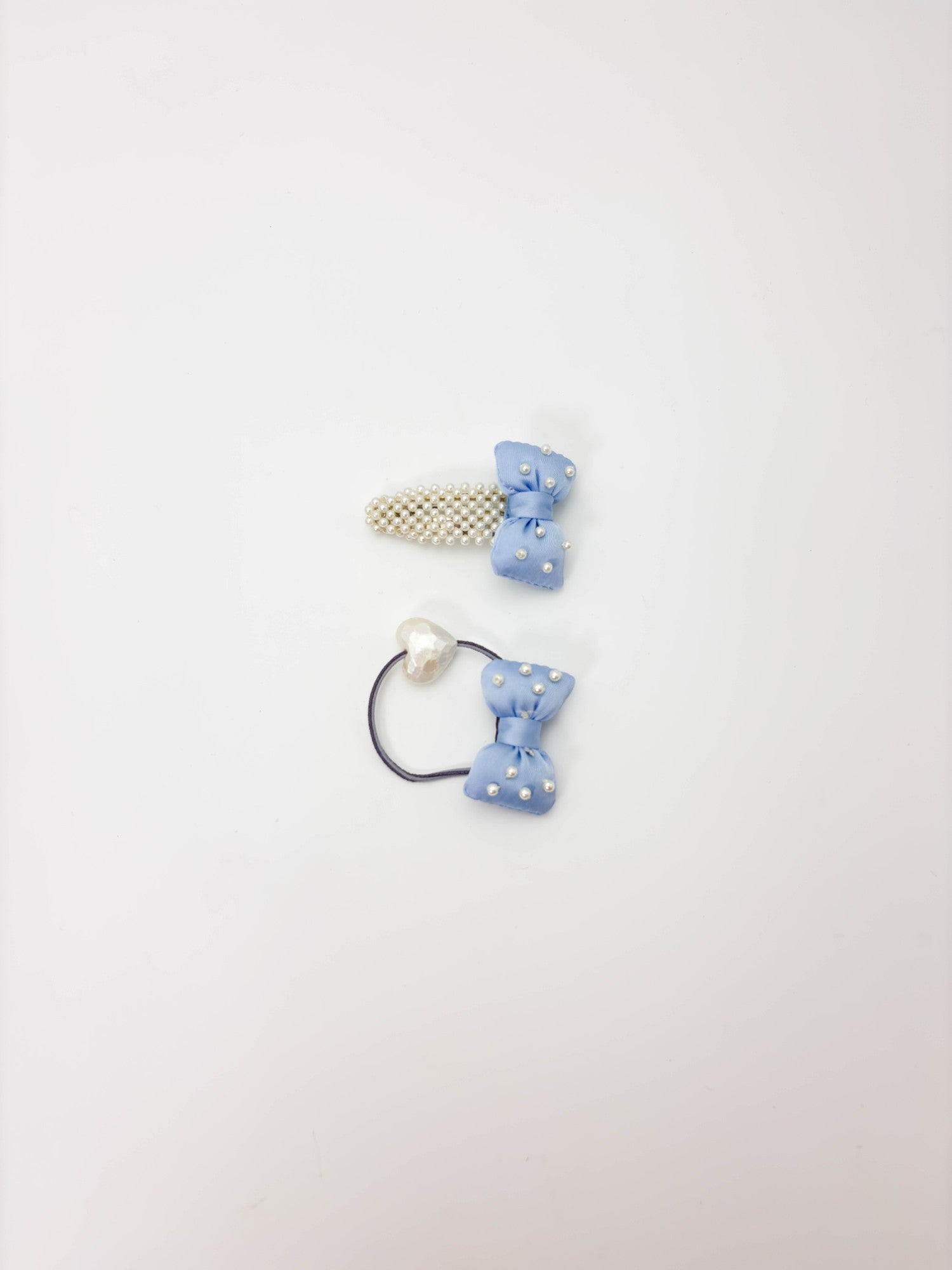 Blue Pearl Bow Hair Clip & Elastic Set