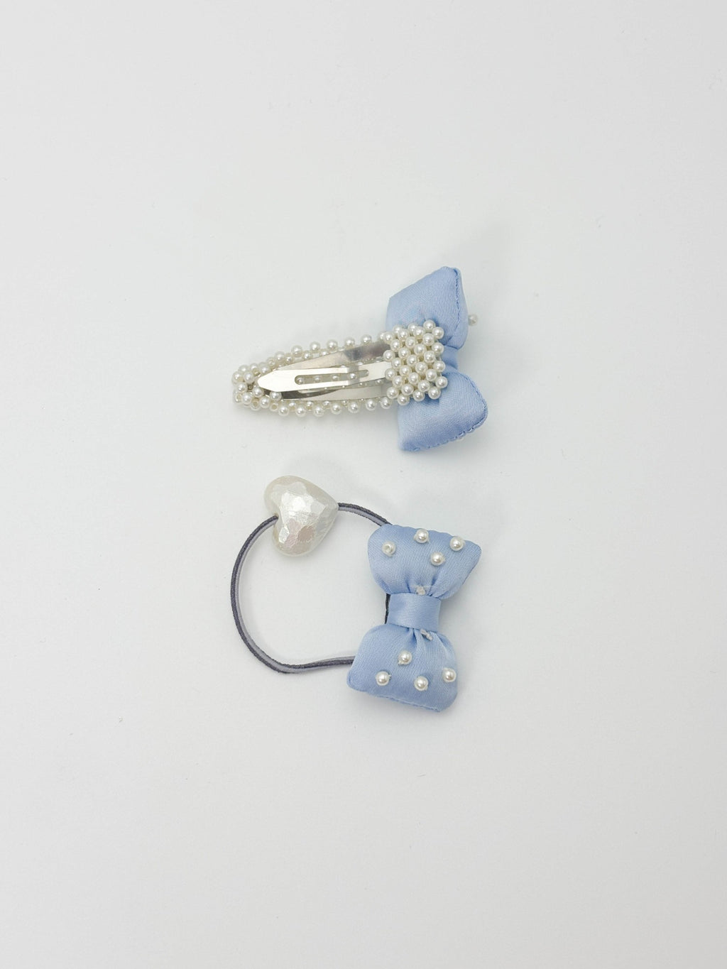 Blue Pearl Bow Hair Clip & Elastic Set