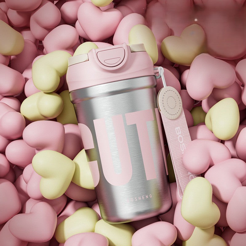Insulated Stainless Steel Water Bottle with Handle, Flip-Top Lid & Carrying Strap.
