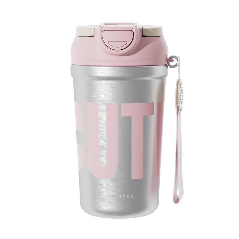Insulated Stainless Steel Water Bottle with Handle, Flip-Top Lid & Carrying Strap.