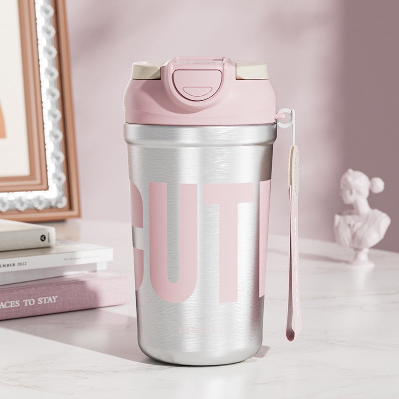 Insulated Stainless Steel Water Bottle with Handle, Flip-Top Lid & Carrying Strap.