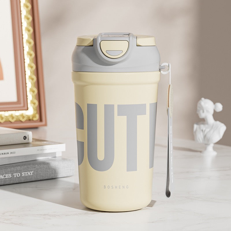 Insulated Stainless Steel Water Bottle with Handle, Flip-Top Lid & Carrying Strap.