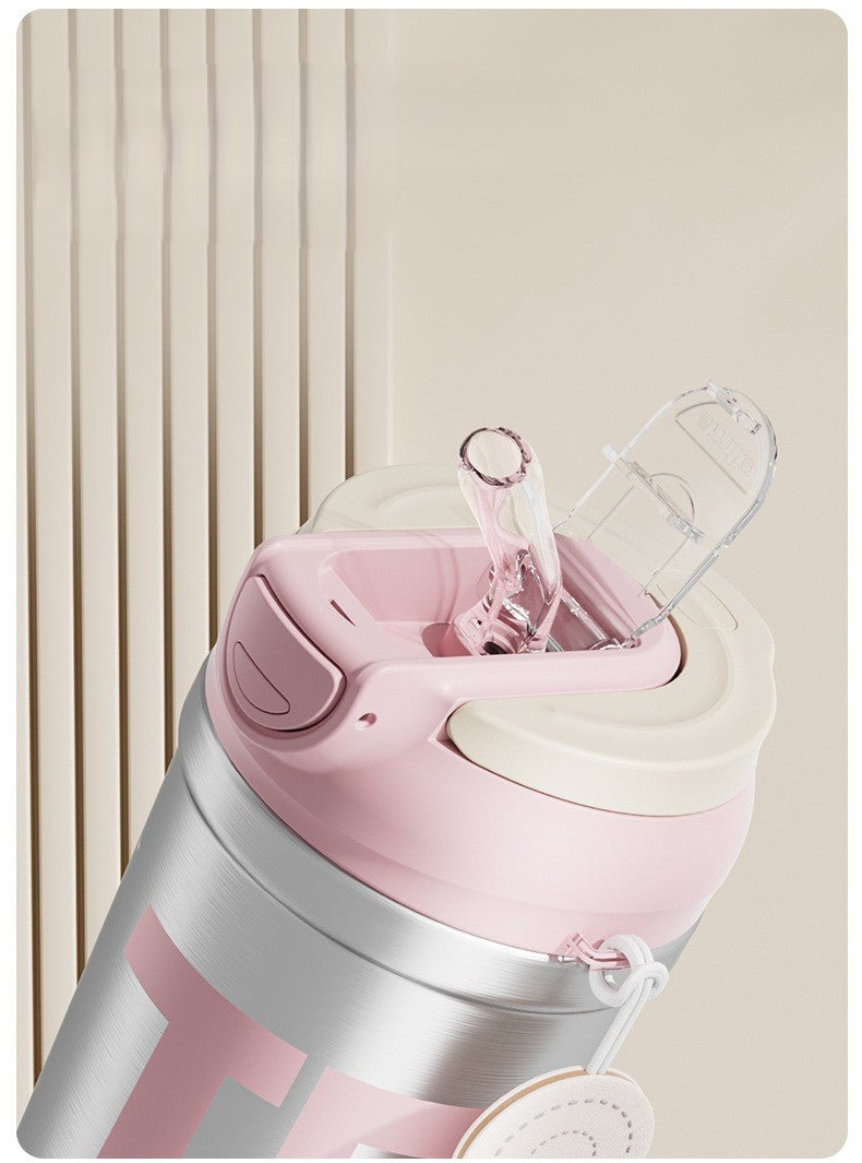 Insulated Stainless Steel Water Bottle with Handle, Flip-Top Lid & Carrying Strap.