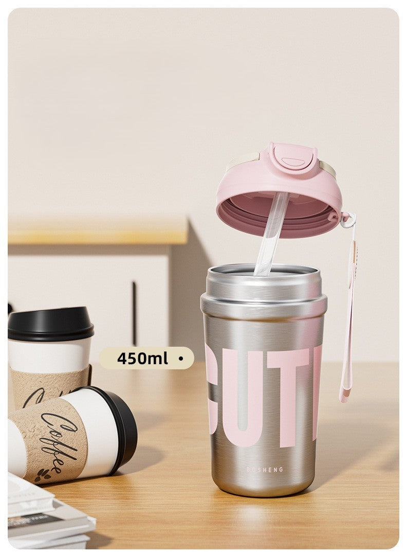 Insulated Stainless Steel Water Bottle with Handle, Flip-Top Lid & Carrying Strap.