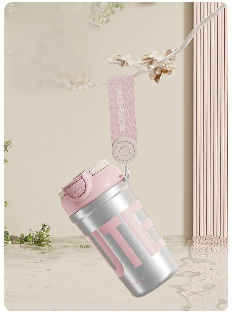 Insulated Stainless Steel Water Bottle with Handle, Flip-Top Lid & Carrying Strap.